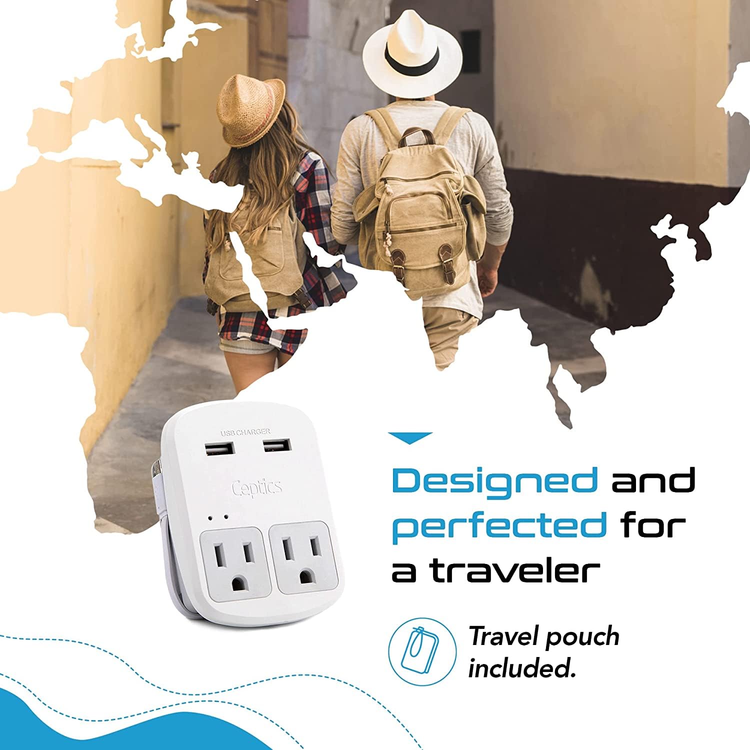 Ceptics Safest Travel Adapter Kit, Dual Usb For Iphone, Chargers, Cell Phones, Laptop Perfect For Travelers   3.6A With Qc. 3.0 Charge Faster