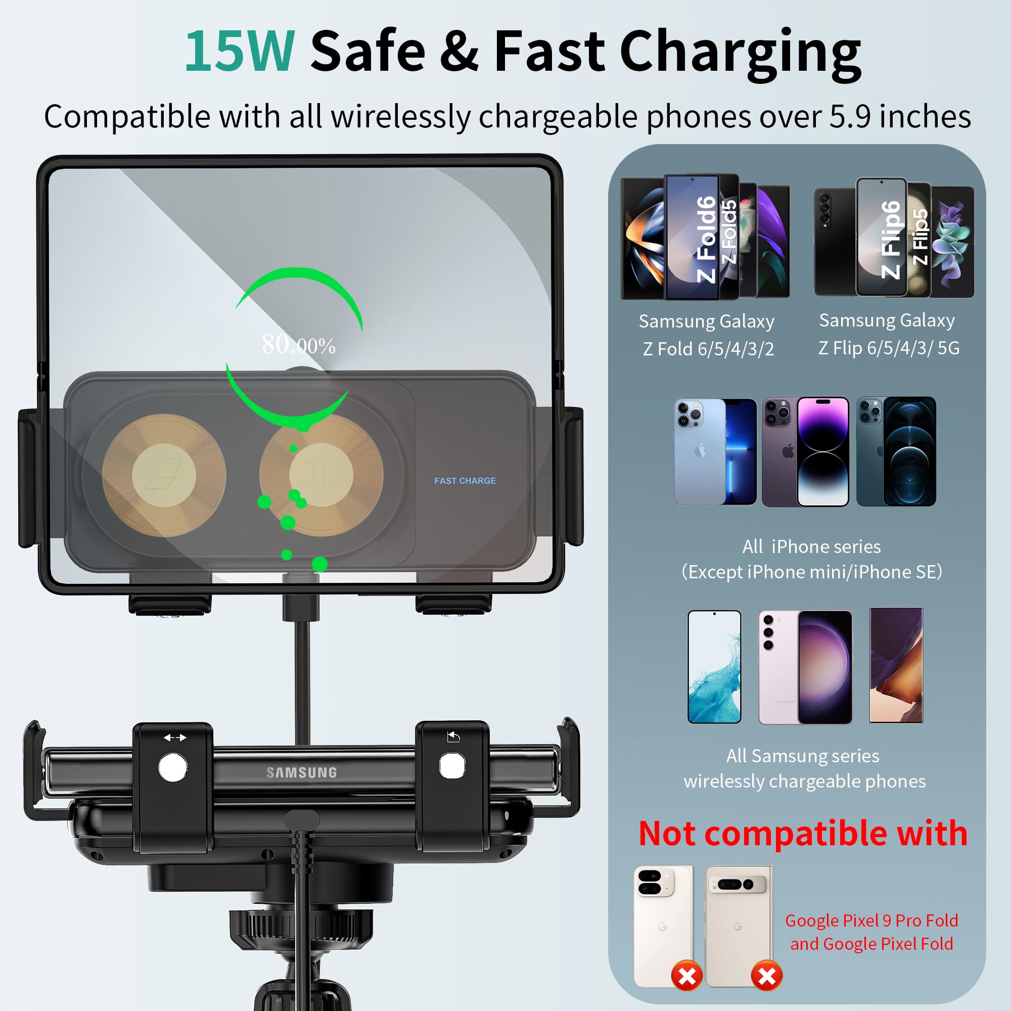 Jdhdl Wireless Car Charger Mount, 15W Dual Coil One-Touch Rotatable Car Phone Holder Wireless Charger For Samsung Galaxy Z Fold