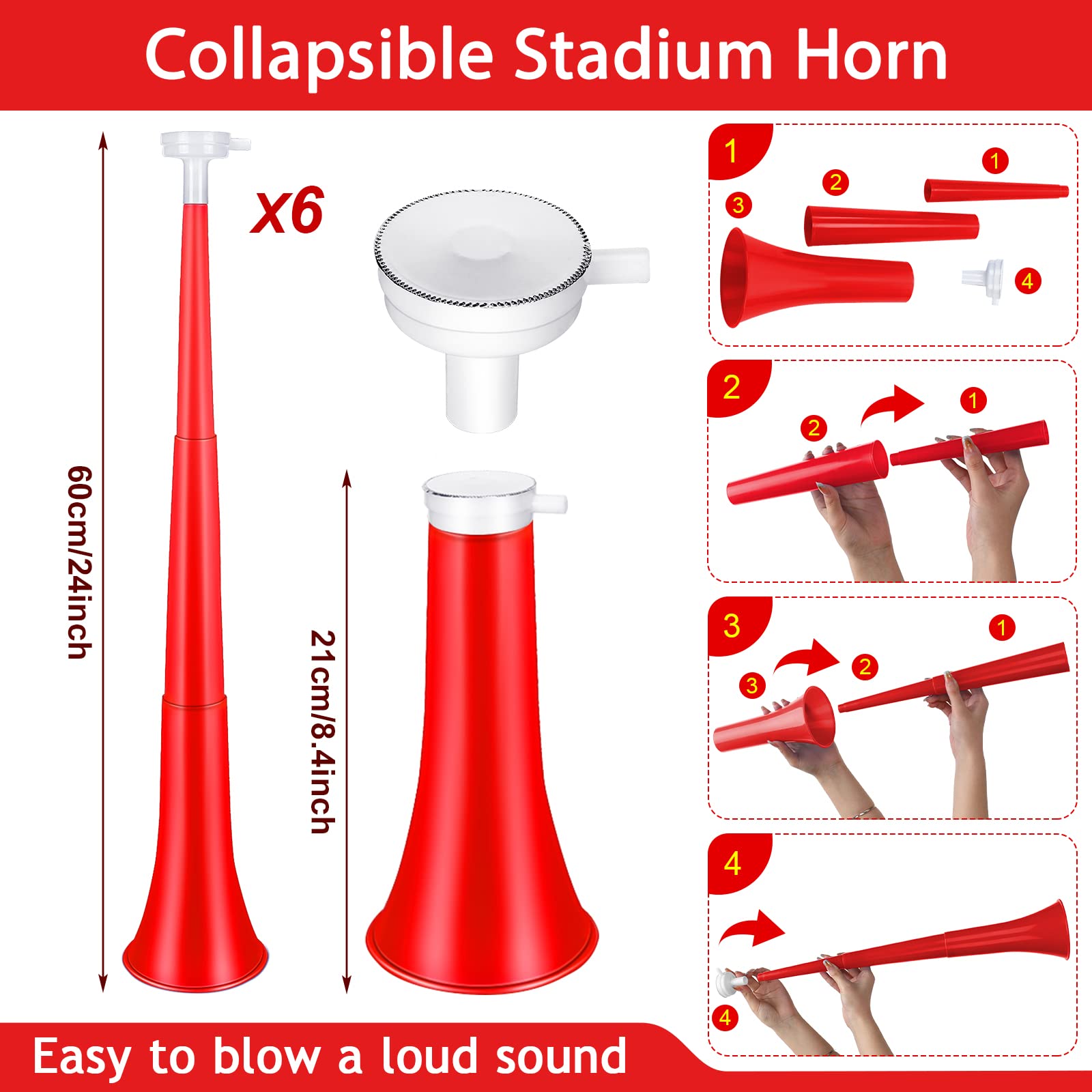 Treela 12 Pcs Collapsible Stadium Horn And Metal Cowbells 24 Inch Vuvuzela Horn Blow Plastic Trumpet Cow Bells With Handle Noise