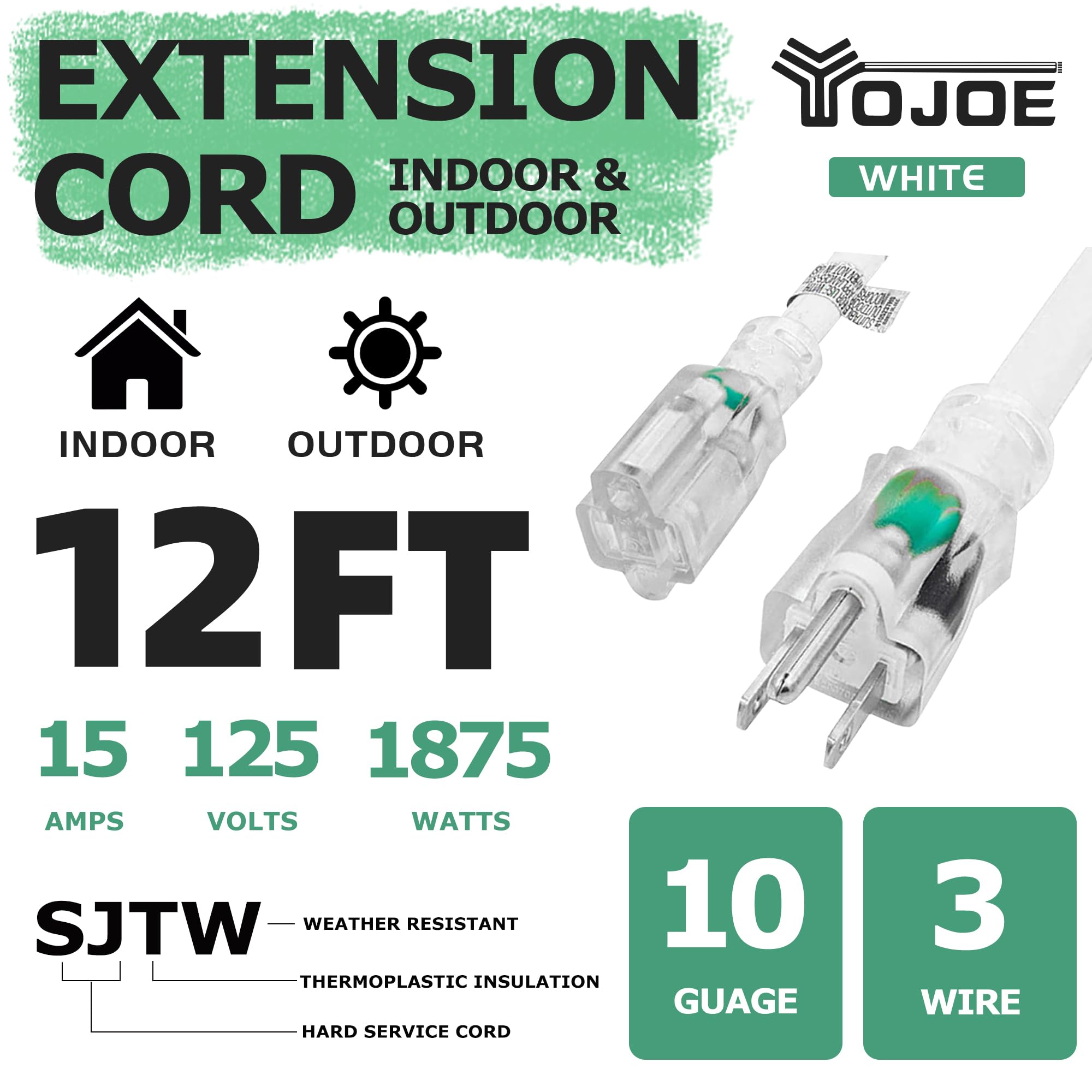 Yojoe Indoor Outdoor Extension Cord With Lighted End, 3 Prong 15A Weatherproof Power Extension Cord, 10 Gauge Heavy Duty 12 Ft W