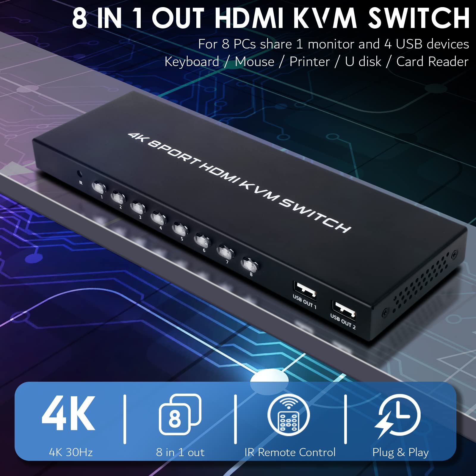 8 Port Kvm Switch, 8 In 1 Out Hdmi Kvm Switch, For 8 Pc Sharing 1 Hd Monitor And 4 Usb Devices, Support 4K@30Hz, With Ir Remote
