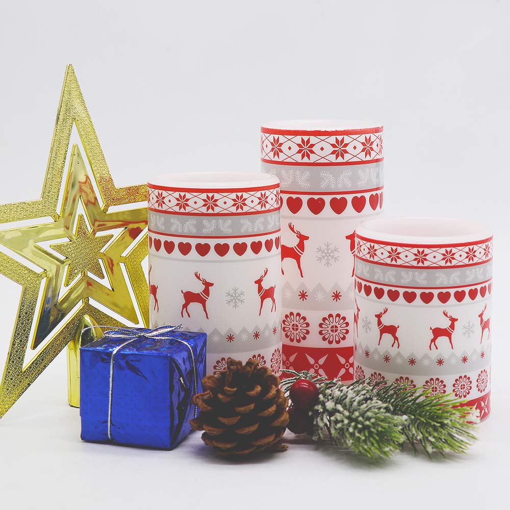 Wondise Flameless Pillar Candles Battery Operated With Timer, Real Wax Led Flickering Reindeer Decal For Christmas Home Decor, S