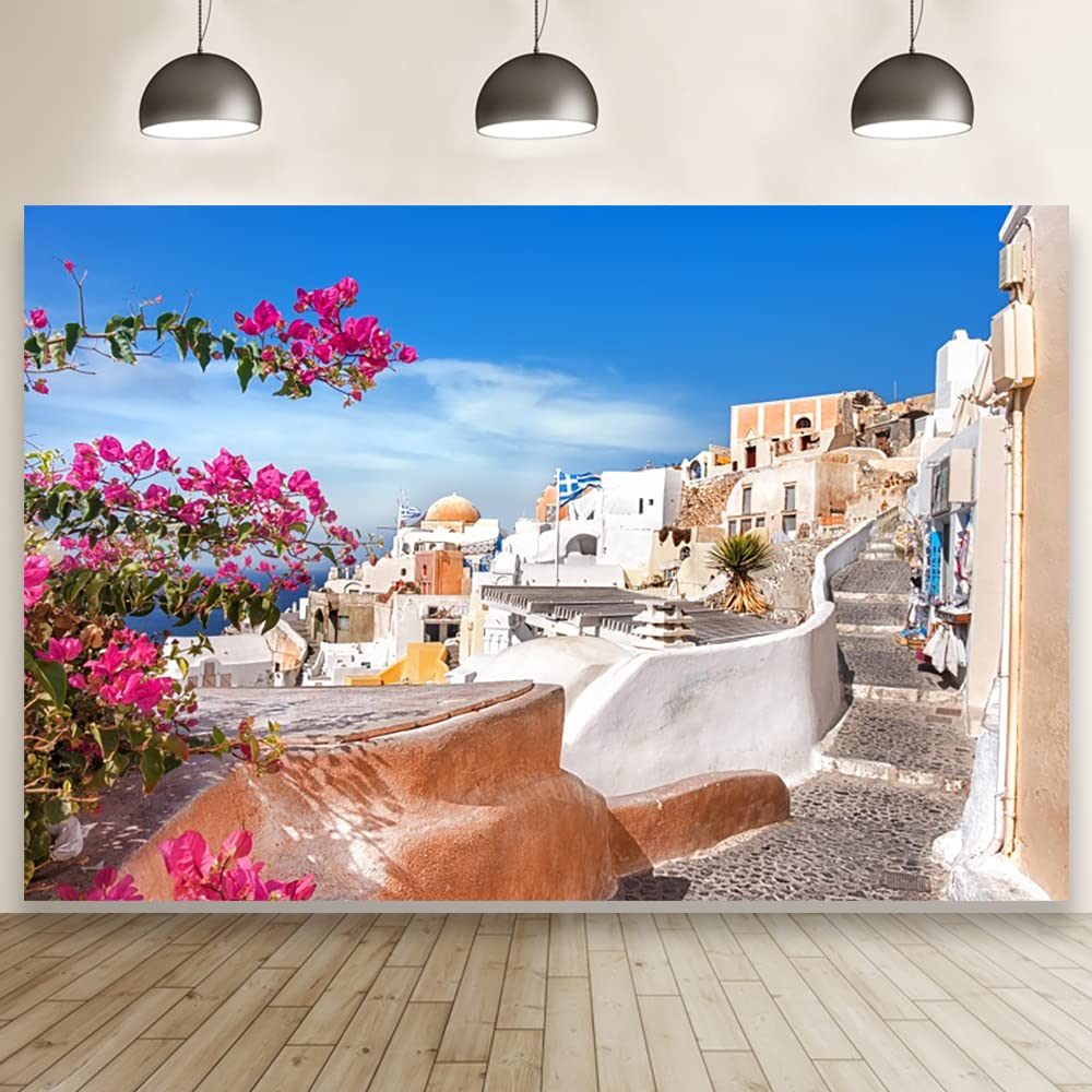 Laeacco Santorini Town View Backdrop 10X6.5Ft Greece Summer Sea House Landscape Photography Background White Architecture Blue Sky Blossom Flowers Holiday Party Bridal Shower Wedding Photo Studio Prop