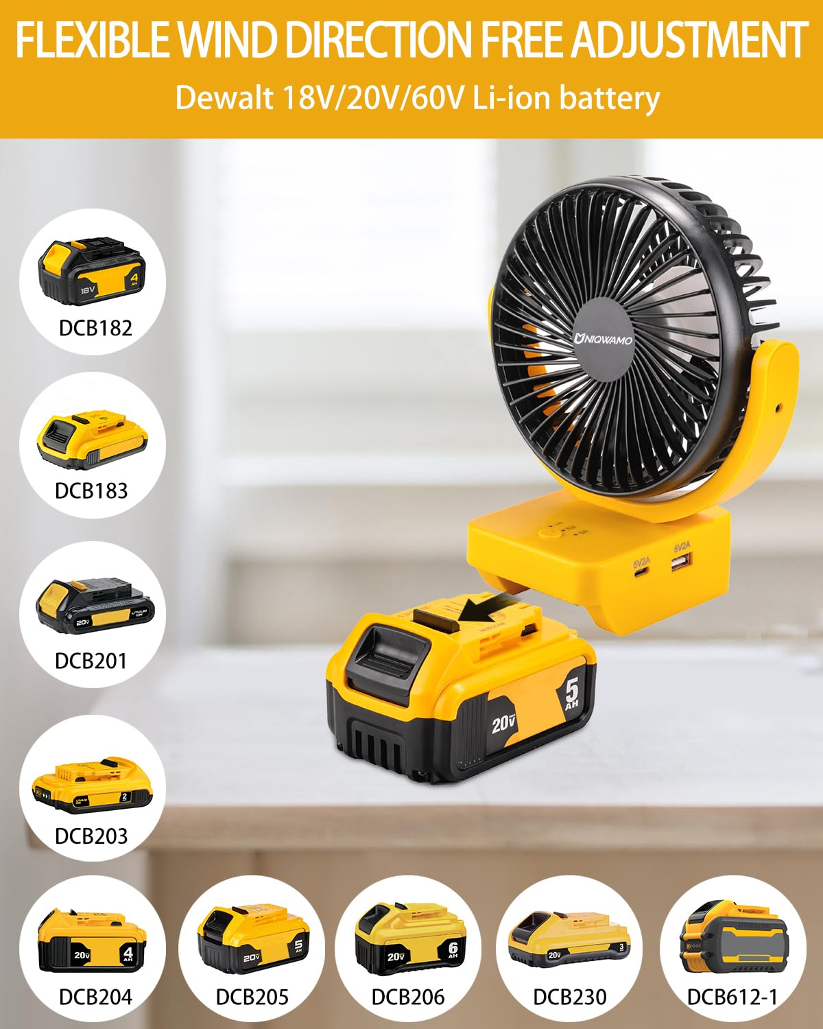 Uniqwamo Jobsite Battery Operated Fan For Dewalt 20V/60V Max Dcb204 Dcb205 Dcb206 Dcb203 Dcb201 Dcb207 Dcb180 Dcb181 Lithium Ion