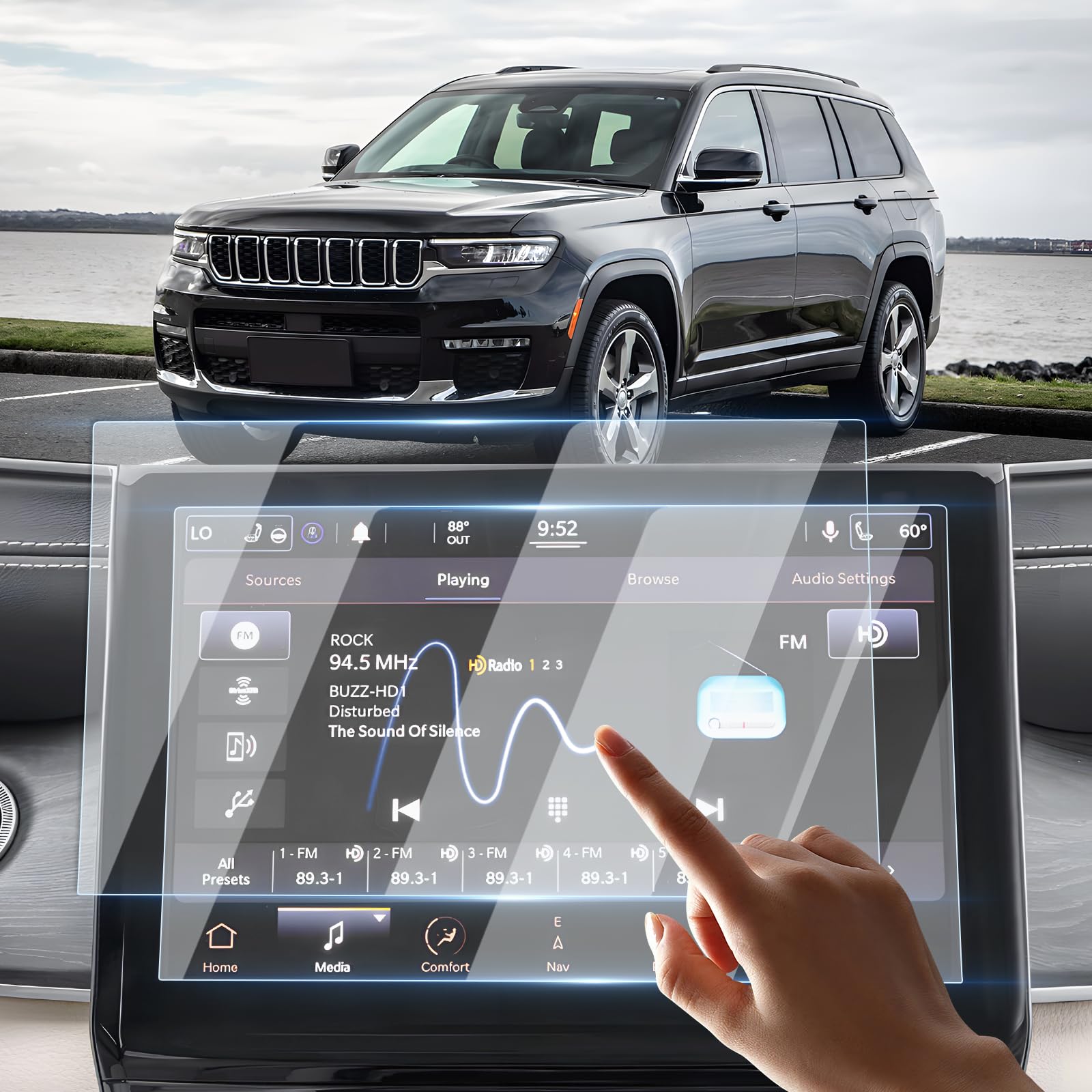 Sunsdrew 2Pcs Screen Protector For 2021 2023 2024 Jeep Grand Cherokee L Accessories 10.1 Inch Grand Cherokee L Touch Screen Radio Display Protector 9H Tempered Glass Protective Film Anti Glare