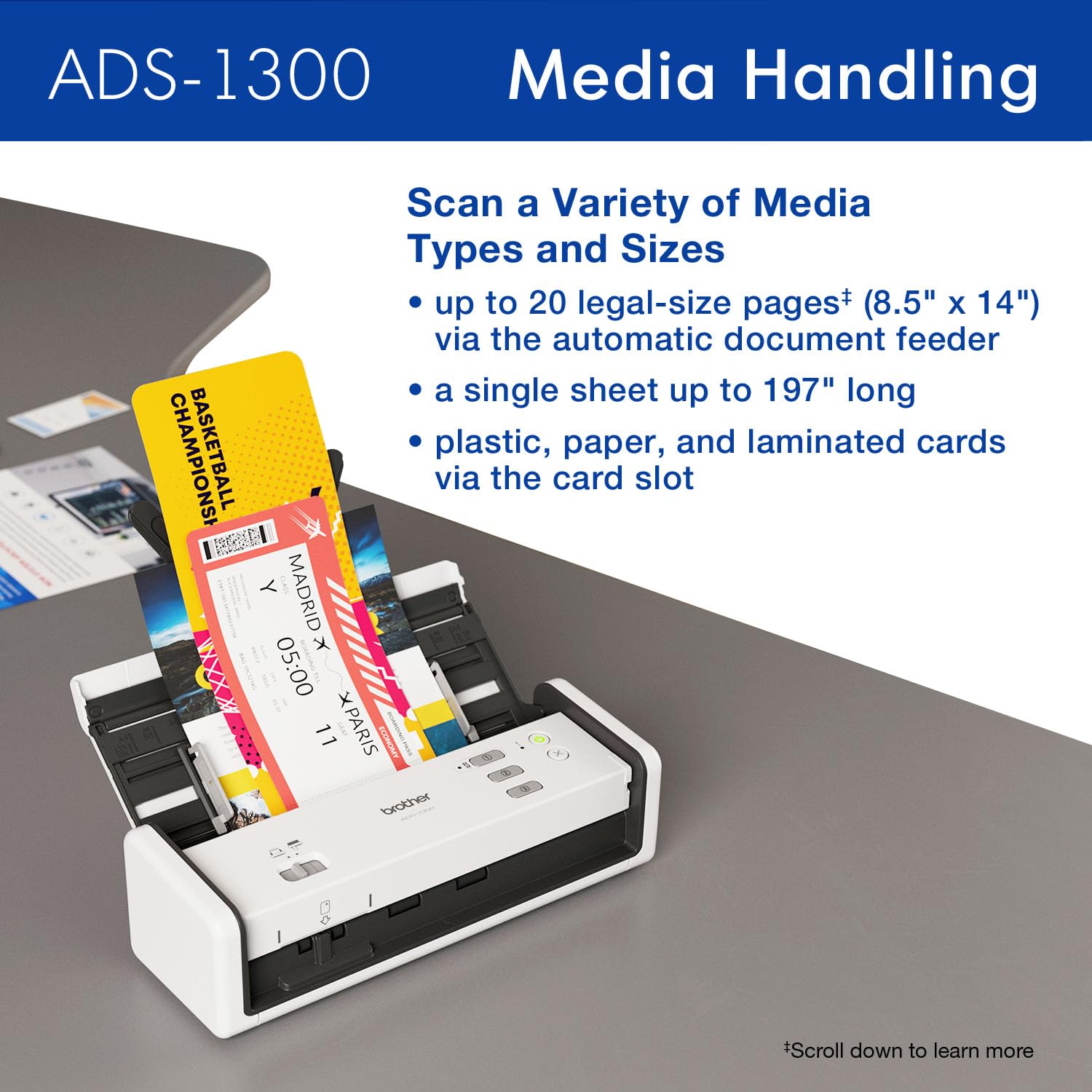 Brother Ads 1300 Compact Desktop Scanner | Scan Speeds Of Up To 30Ppm | Single Pass Double Sided Scanning