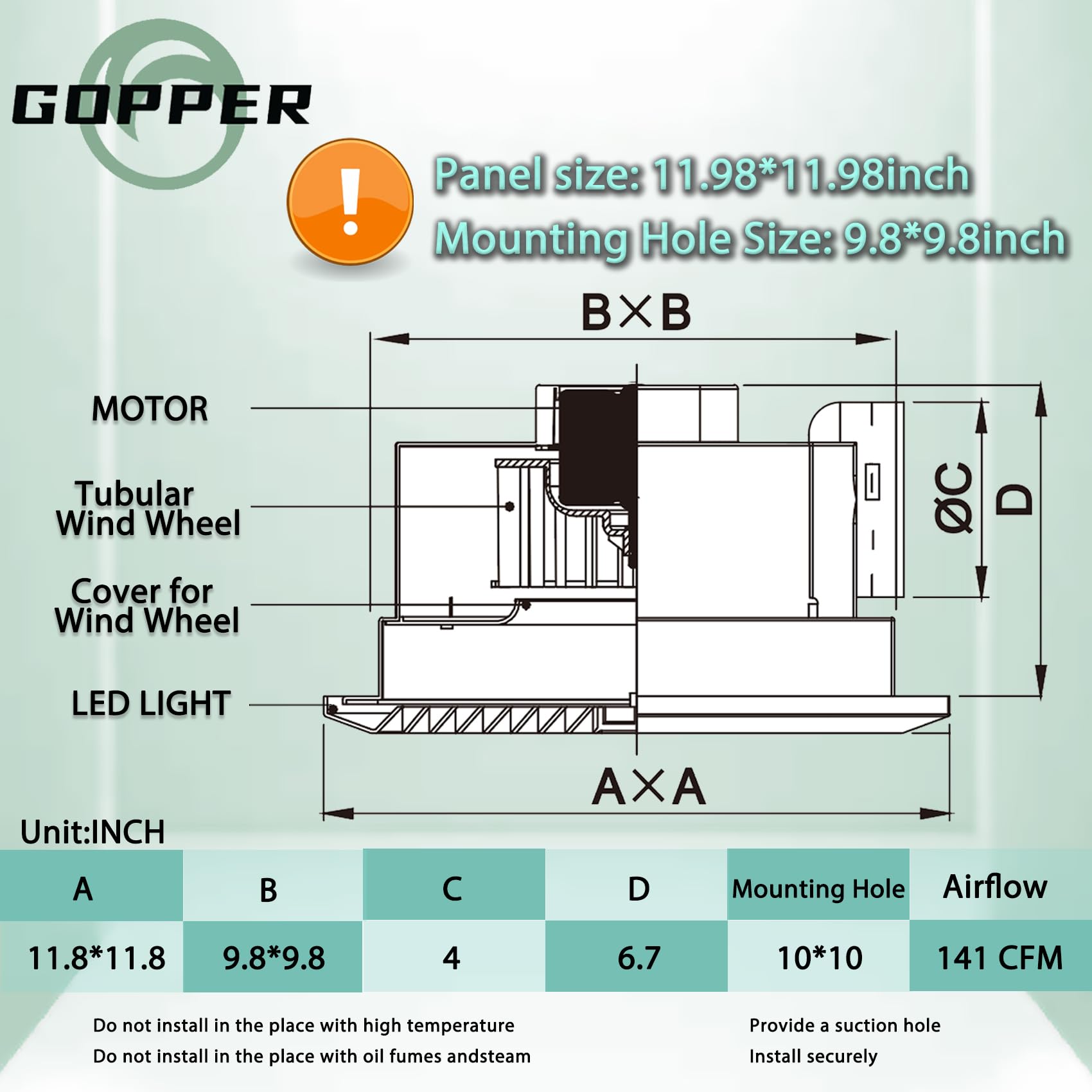 Gopper Bathroom Exhaust Fan With Light, Bathroom Fan With 12W 6000K Led Light Combo, 141Cfm 1.0Sones Low Noise Bath Room Ventila