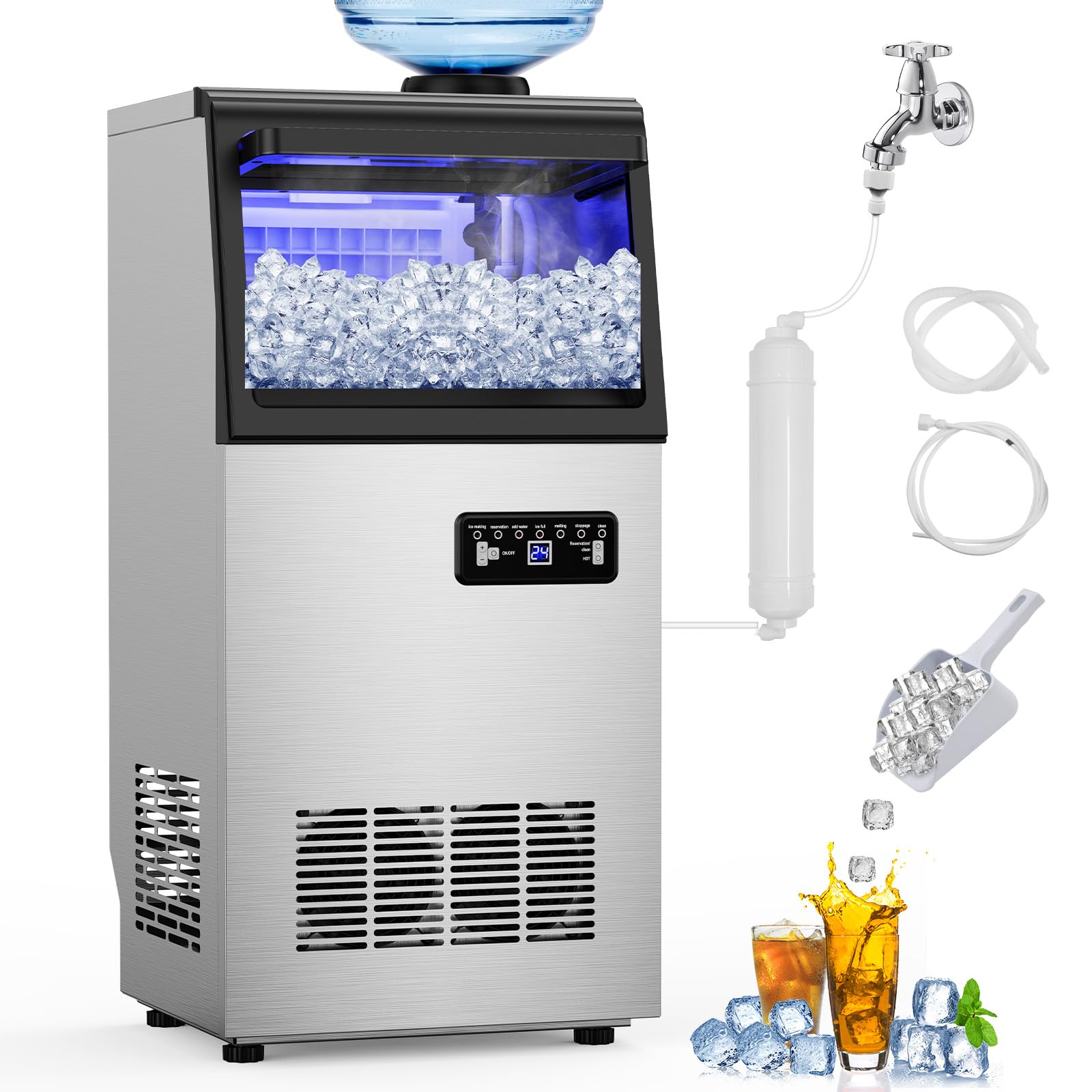 Commercial Ice Maker Machine 120 Lbs/24H, 40 Ice Trays Freestanding & Undercounter Ice Machine Stainless Steel With 20 Lbs Ice S