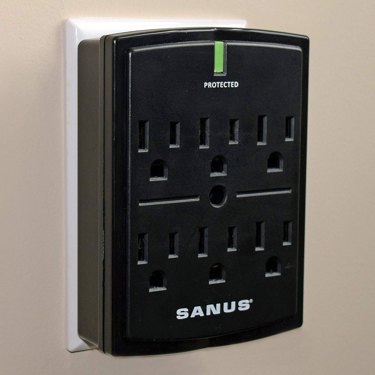 Sanus On Wall Low Profile 1080J Fireproof Surge Protector With 6 Ac Outlets & 3 Lines Of Protection   Includes Power Signal Filt