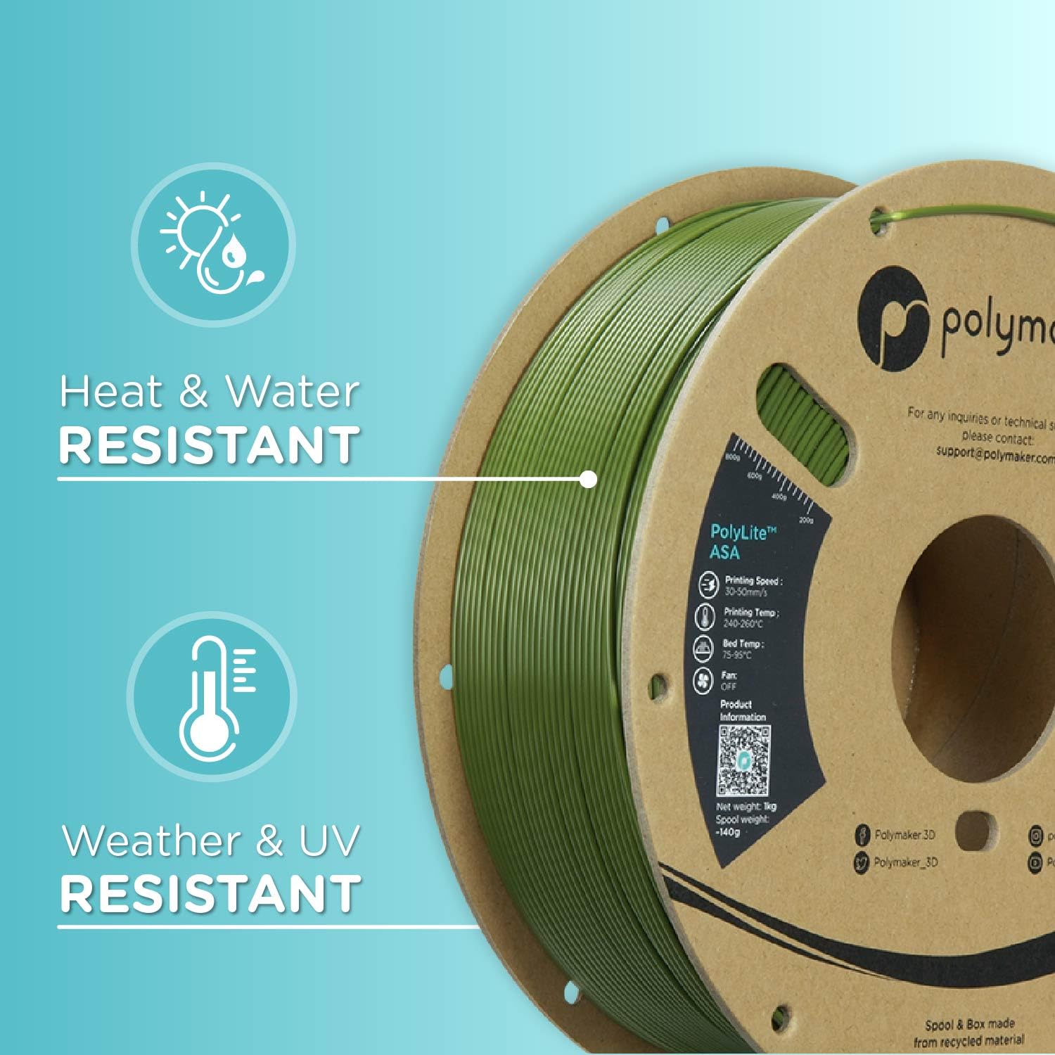 Polymaker Asa Filament 1.75Mm Army Green, 1Kg Asa 3D Printer Filament, Heat & Weather Resistant   Asa 3D Filament Perfect For Pr