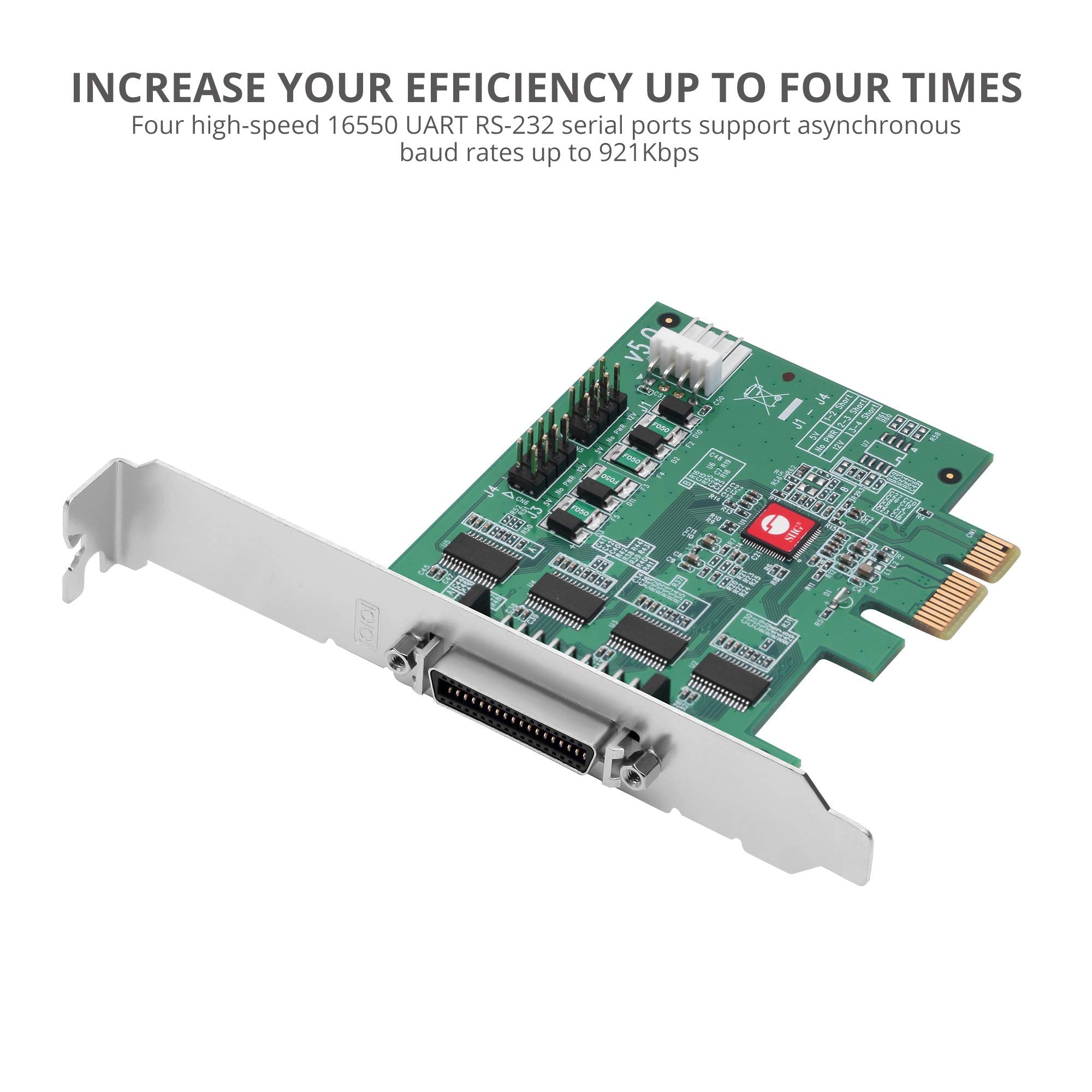 Siig Dp Cyberserial 4S Pcie, 16550 Uart, Baud Rates Up To 921Kbps, Pcie 2.0 X1 To 4X Rs 232 Male 9 Pin Db9, Rs 232 5V Or 12V Pow