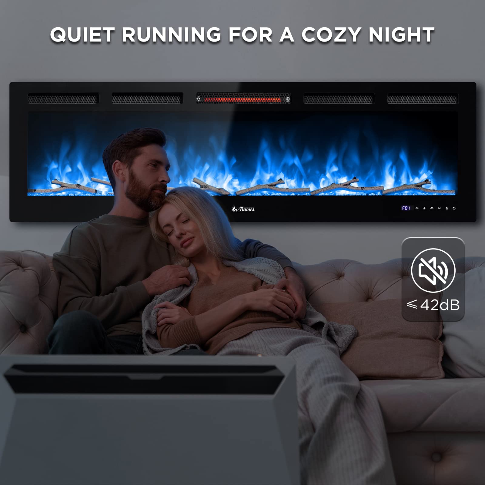 Turbro 60    Smart Wifi Infrared Electric Fireplace With Sound Crackling And Realistic Flame, 1500W Quartz Heater, Recessed Or W