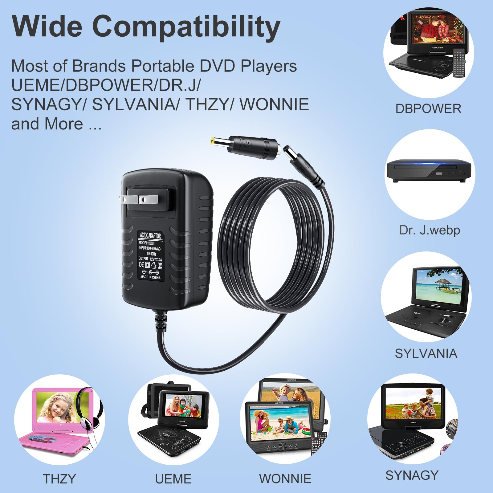 Soulbay Portable Dvd Player Charger Cord Dc In 12V For Sylvania Dcpower Lg Philips Craig Rca Sunpin Cooau Craig Wonnie Apeman Thzy Dr.J Portable Dvd Players Replacement Ac Power Cord, 12V 2A, 5 Ft