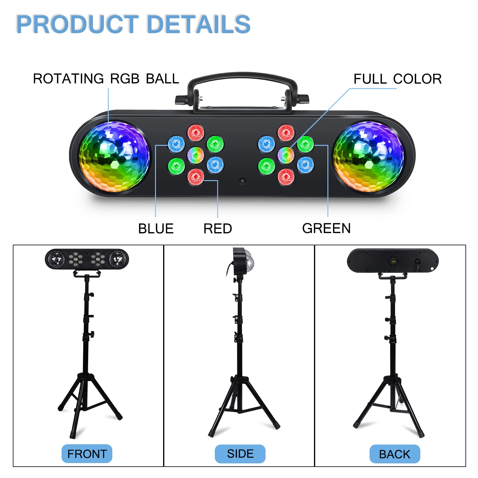 Telbum DJ Lights with Stand - Sound Activated LED Par Light Set, 2x Rotating Ball - TL-E317, Mobile Stage Lighting for Parties & Events