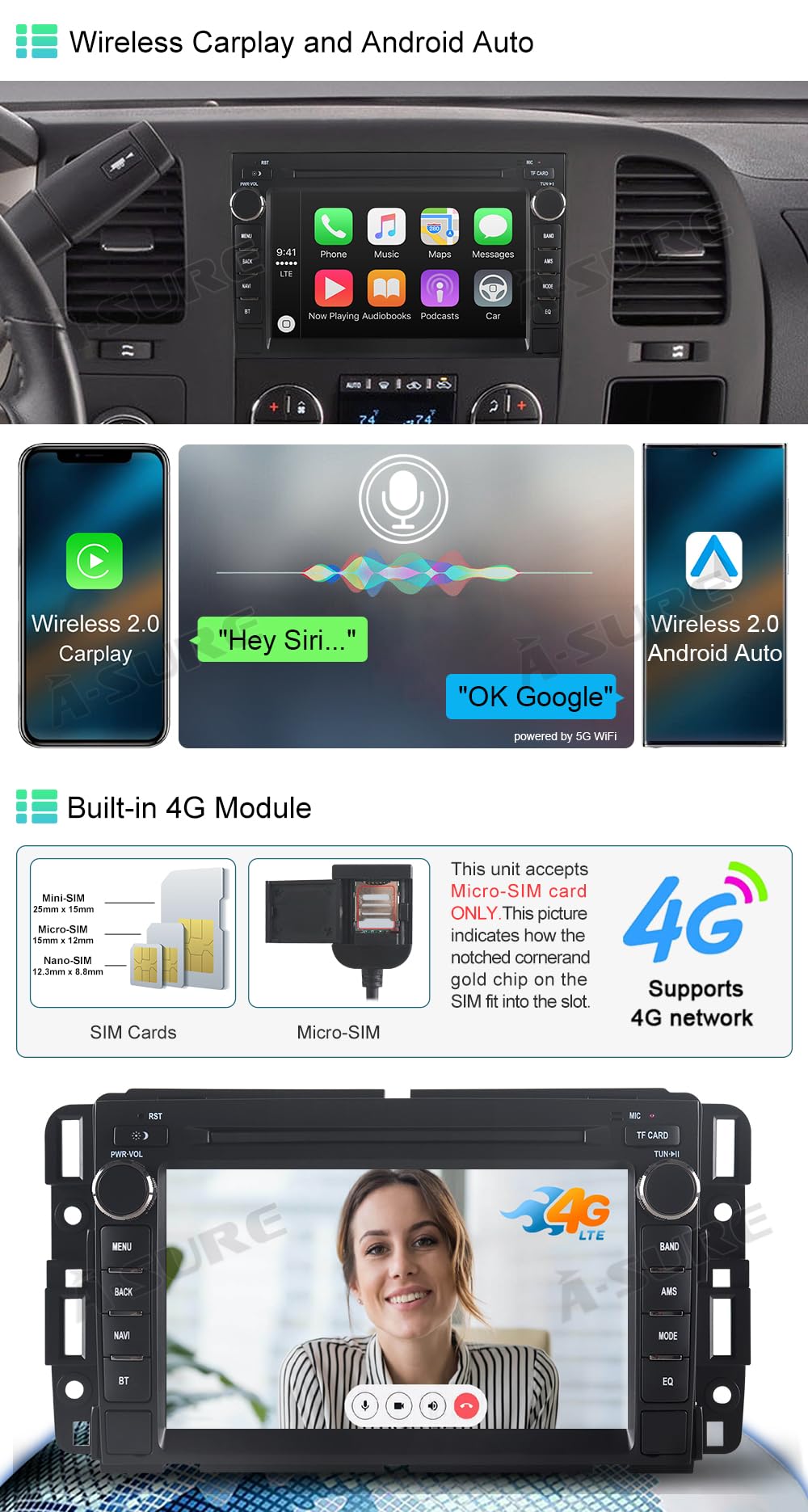 Asure 7'' Car Stereo Radio For Chevy Silverado Gmc Sierra Yukon 2007 2013,8Core 4G+64G Android Gps Navigation Unit With Wireless