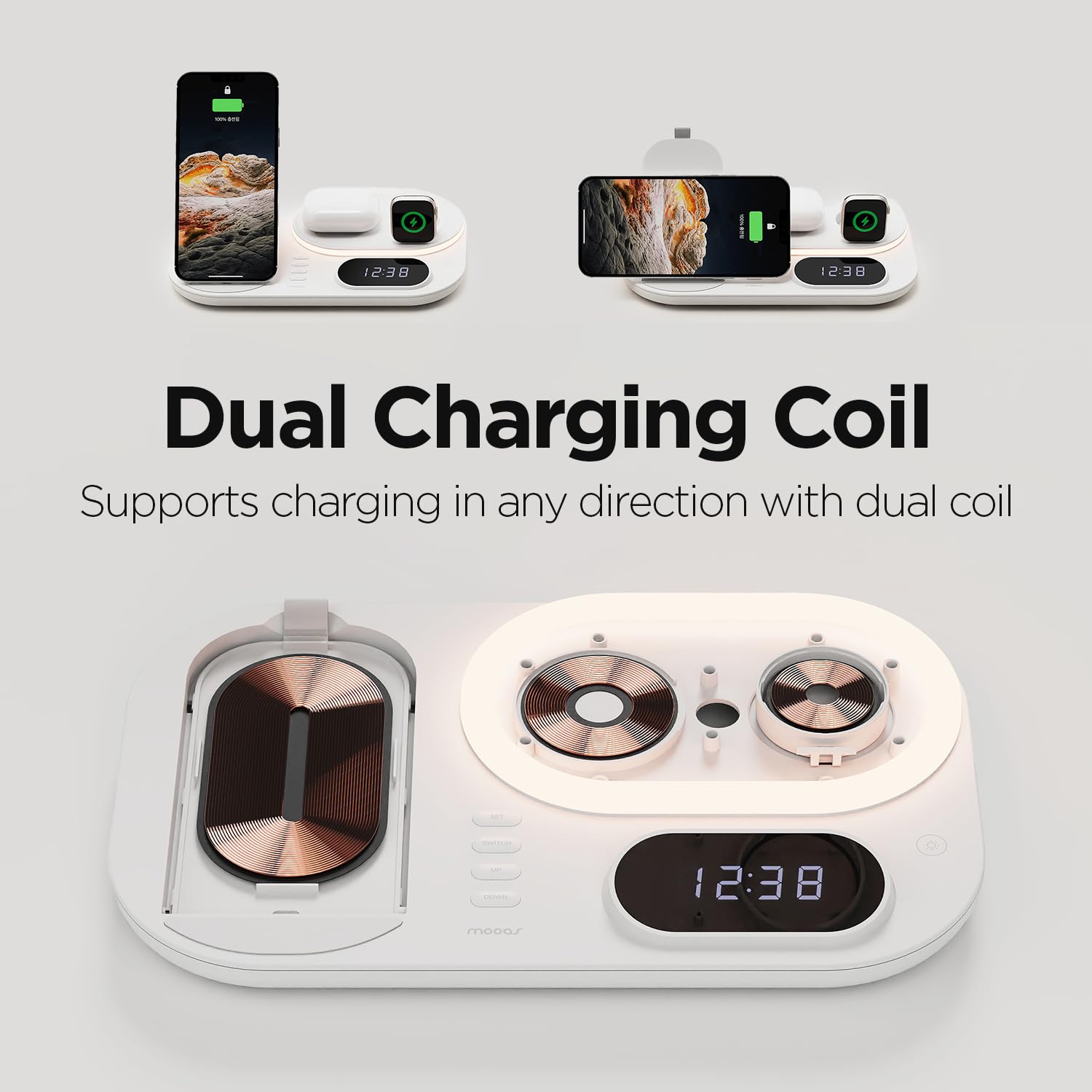 Mooas All Rounder 4 In 1 Fast Wireless Charging Nightlight Clock, Wireless Charging Station With Led Clock, Compatible With Ipho