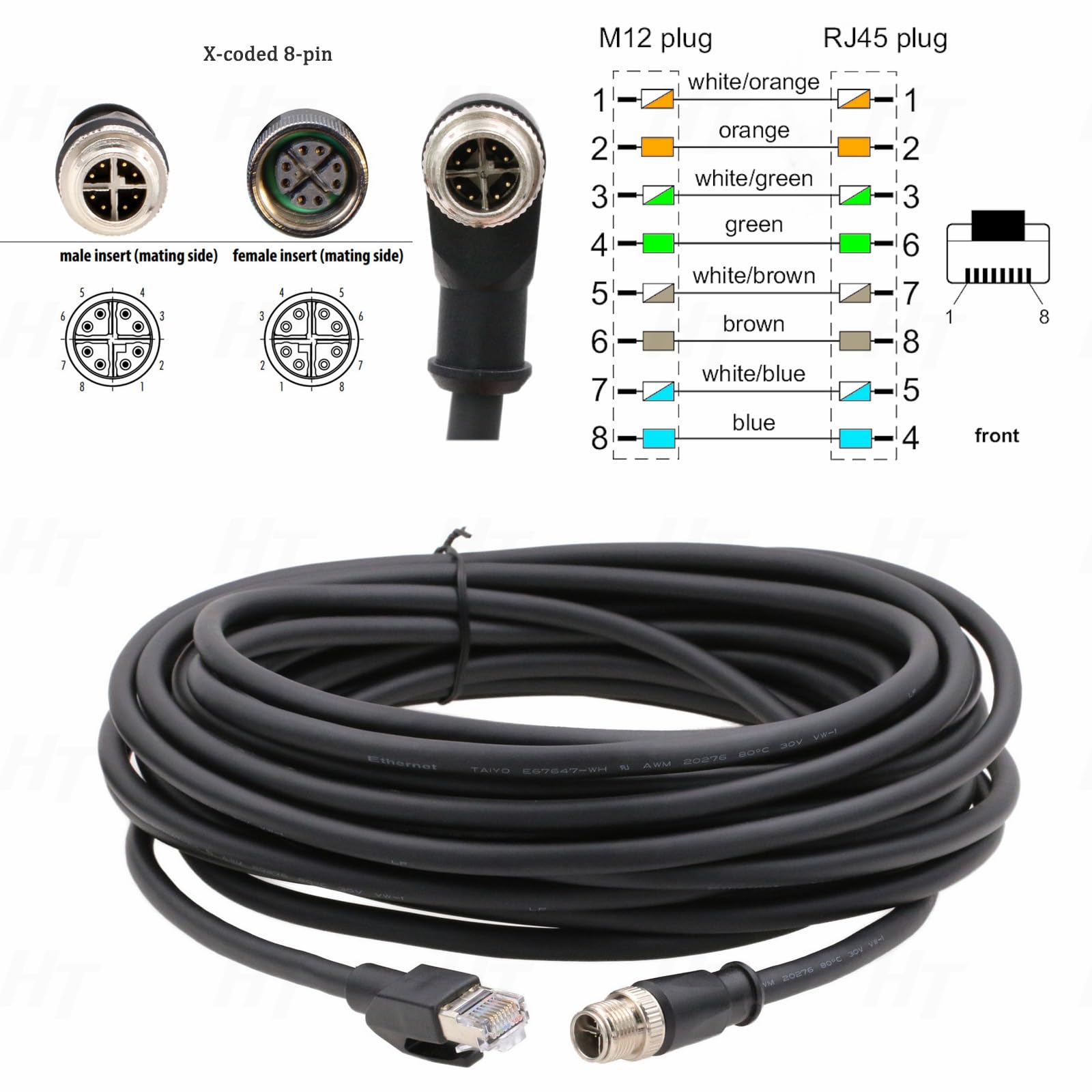 Hangton Ethernet Network Cable For Basler Baumer Matrix 320 220 Cognex Keyence Plc Router Switch Camera Sensor Reader, M12 8 Pin
