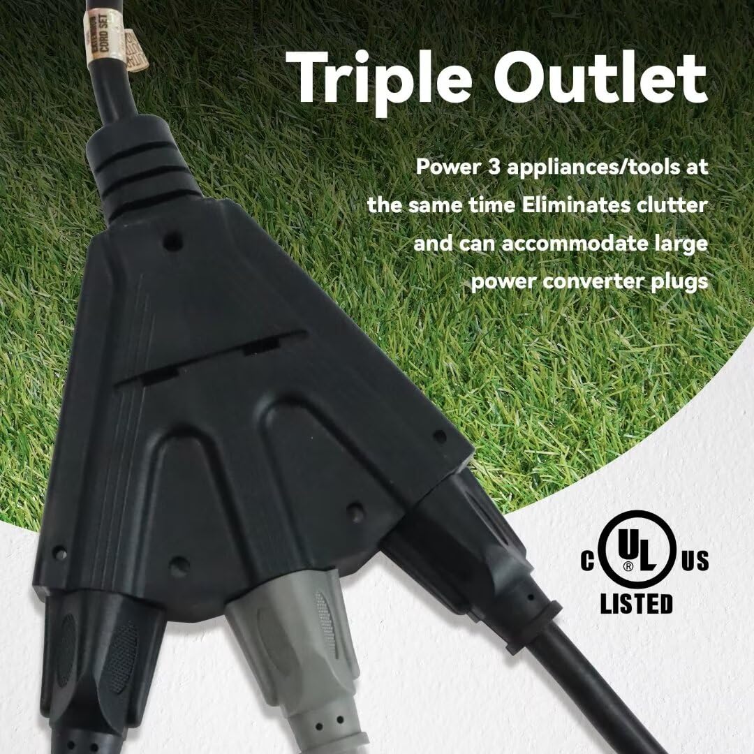 Greatide 50 Ft Outdoor Extension Cord With 3 Electrical Power Outlets   16/3 Sjtw Black Cable With 3 Prong Grounded Plug