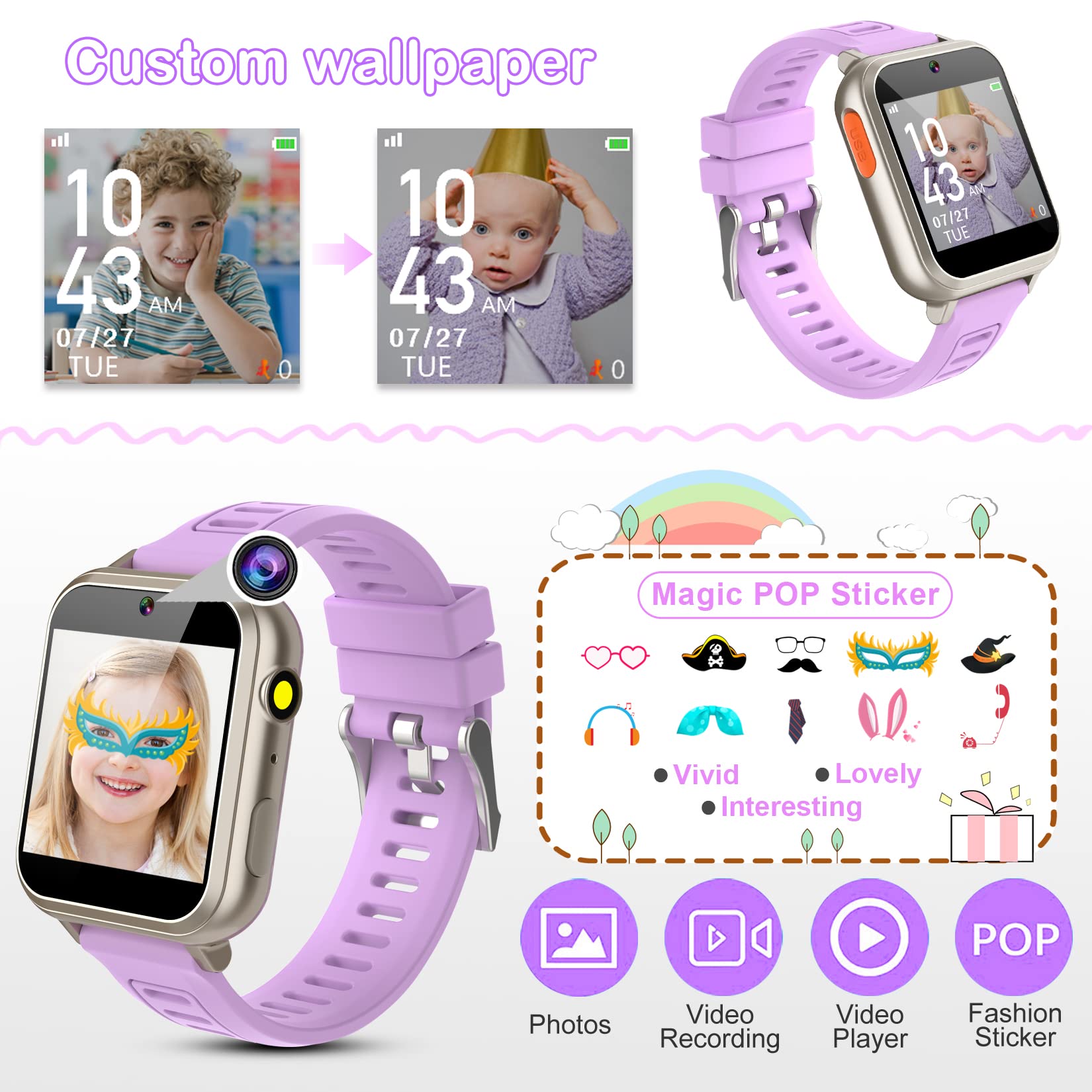 Kids Smart Watch Girls Ages 4 12, Smart Watch For Kids With Hd Touch Screen 24 Games Camera Video Alarm Music Pedometer Flashlight 12/24 Hr Educational Toys Birthday Gifts For Girls Age 6 7 8 9 10