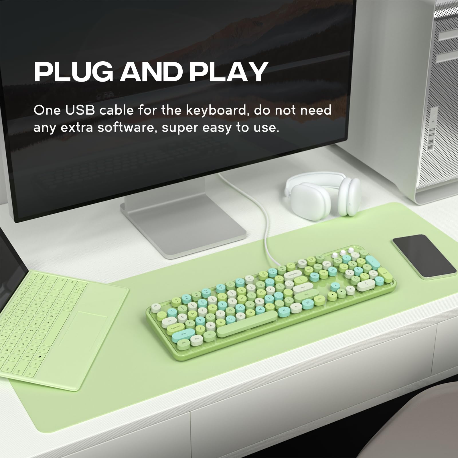 Atelus Computer Keyboard Wired, Plug Play Usb Keyboard With Large Number Pad, Caps Indicators, Foldable Stands, Full Size Keyboa