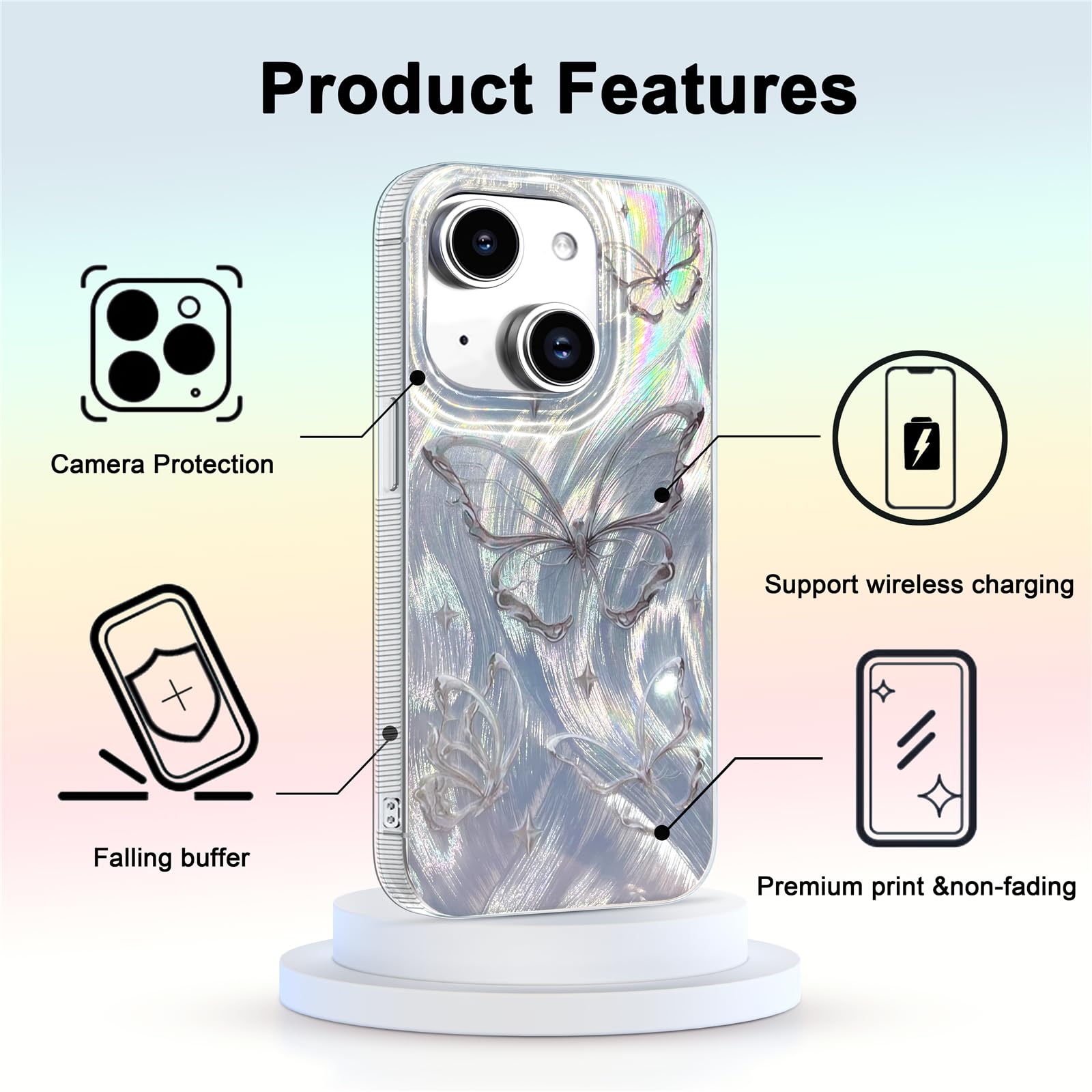 I Mgae In Ar Compact Case For Iphone 14 Plus Shiny Silver Butterfly Design,Cute Trendy Soft Slim Tpu Shockproof Protective Phone