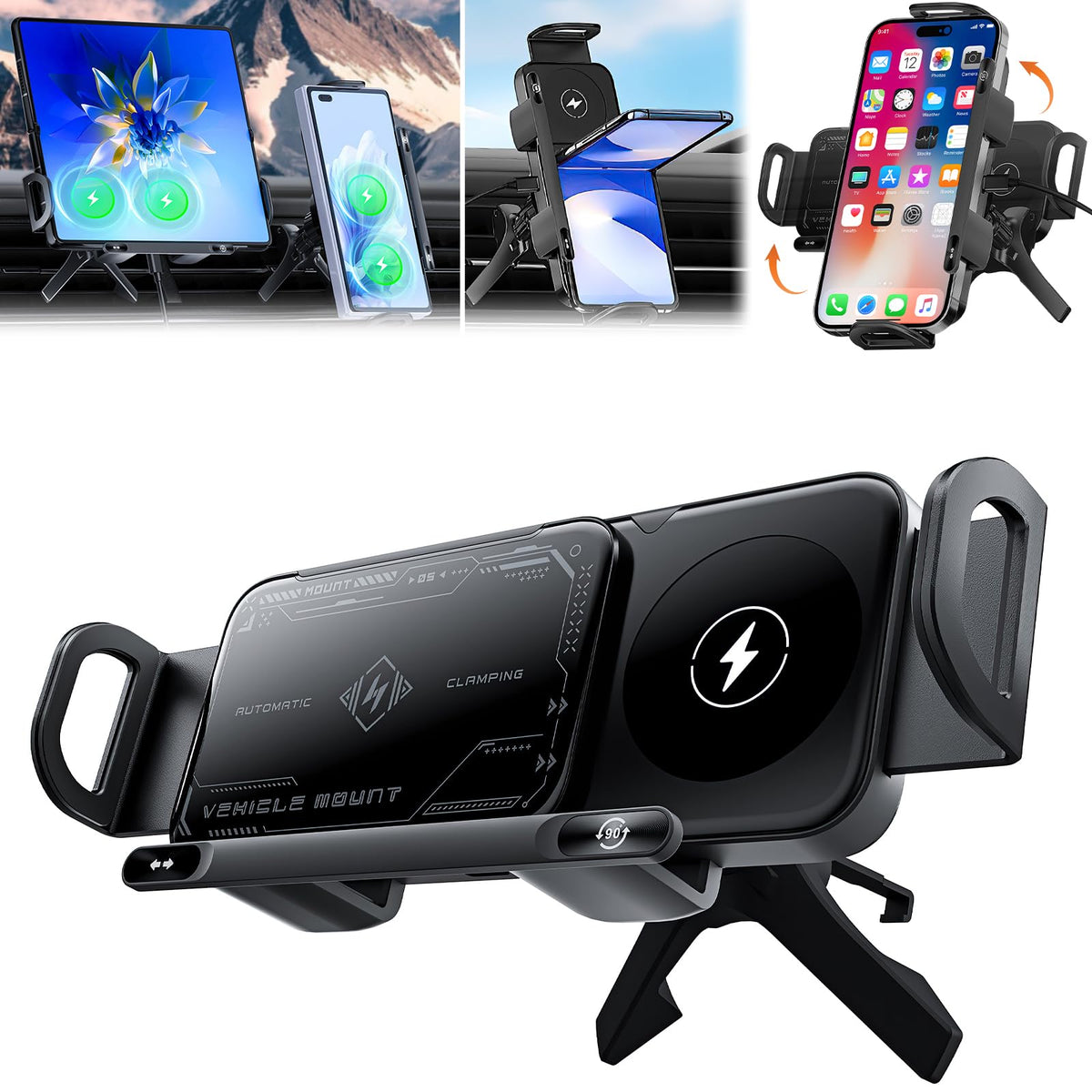 High Intelligent Mobile Phone/Pad Holder,2 In 1 Auto Rotating Phone Holder,Car Charger Fast Charging Cell Phone Holder,One-Touch