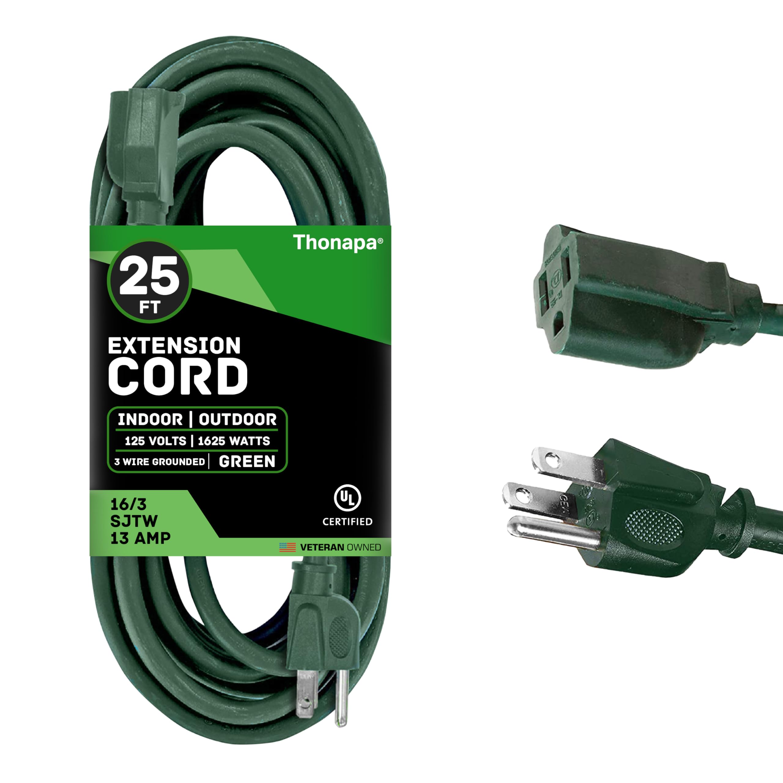 Thonapa 13 Amp Outdoor Extension Cord 25 Ft, 16/3 Sjtw 25Ft Green Extension Cord 3 Prong, Weatherproof Exterior Extension Cord F