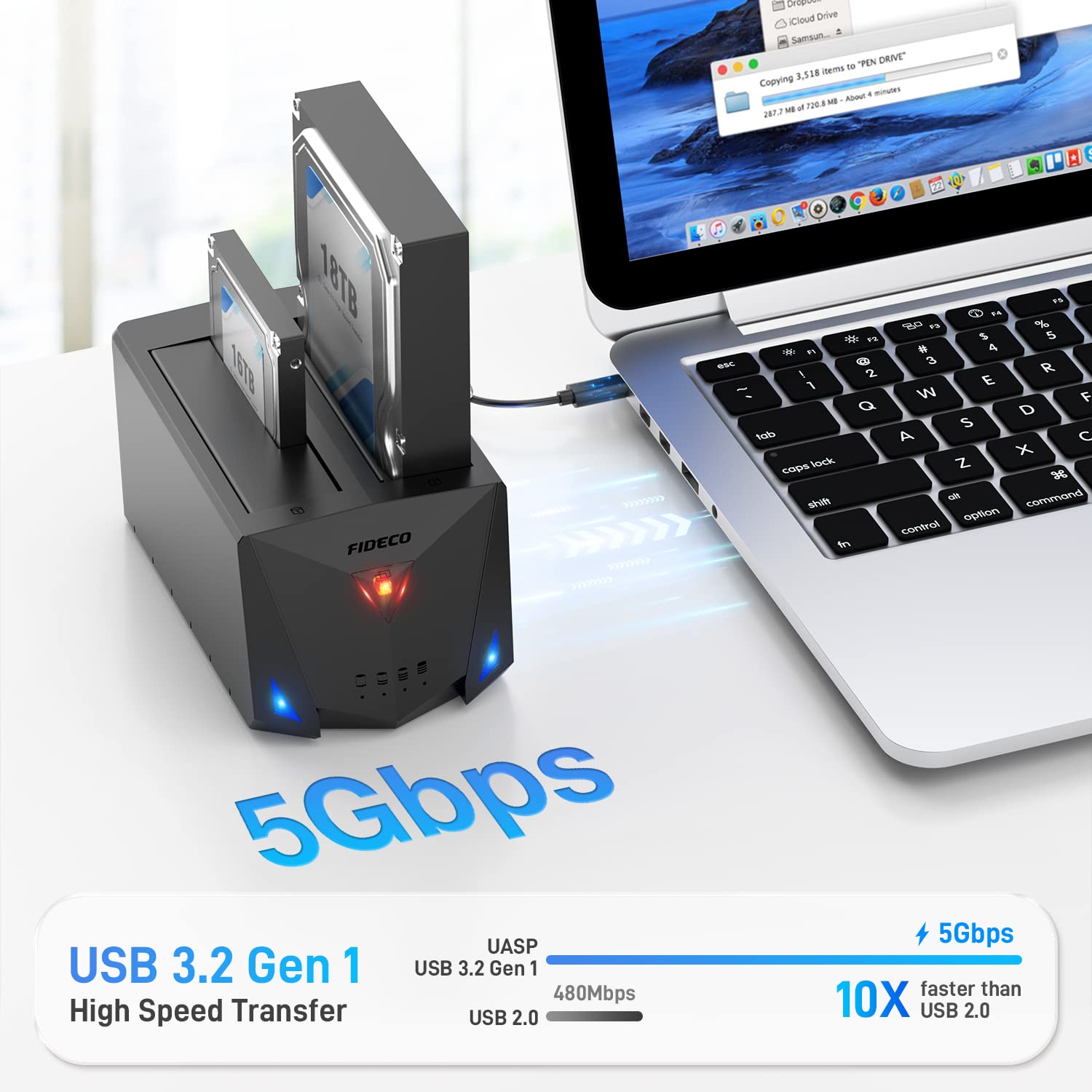 Fideco Dual Bay Type C Usb 3.2 Gen 1 Hard Drive Docking Station, Metal, Universal Compatibility, Uasp, Offline Clone, Support 2.