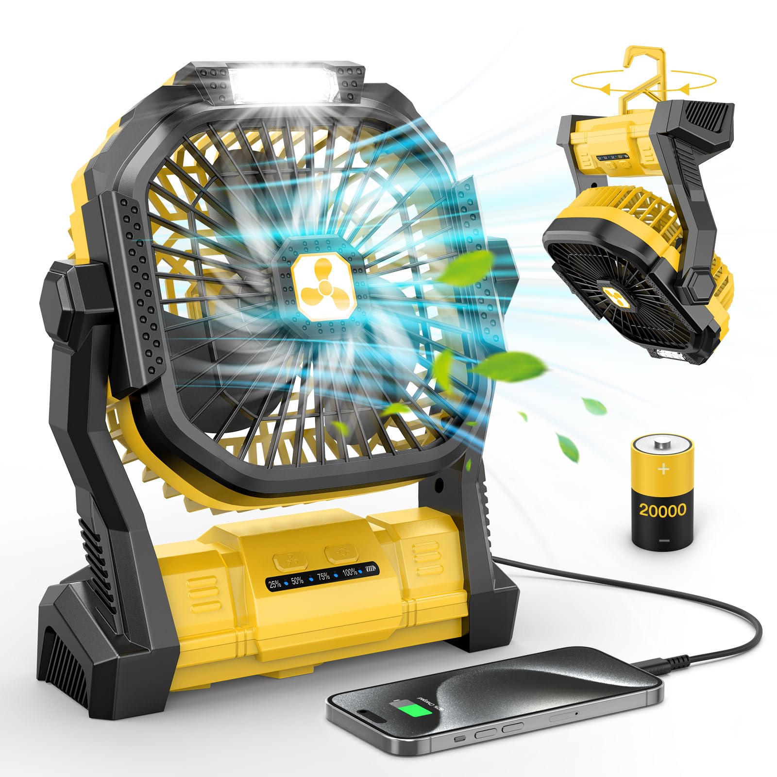 Portable Fan Rechargeable, 20000Mah Cordless Battery Powered Fan With Led Lantern, Small Table Fan, Usb Battery Operated Fans Fo