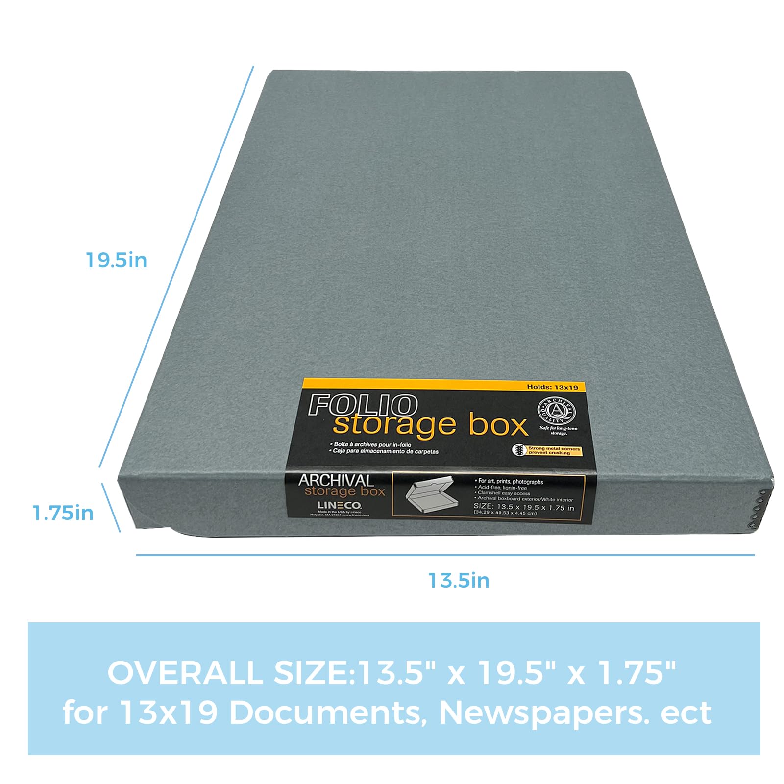 Lineco Folio Storage Box, Clamshell Design With Metal Edge. 13.5X19.5X1.75 Inches, Archival Boxboard, Preserve Photos, Cards, Magazines, Documents, Art, Ephemera, Family Records, Gray, Pack Of 1