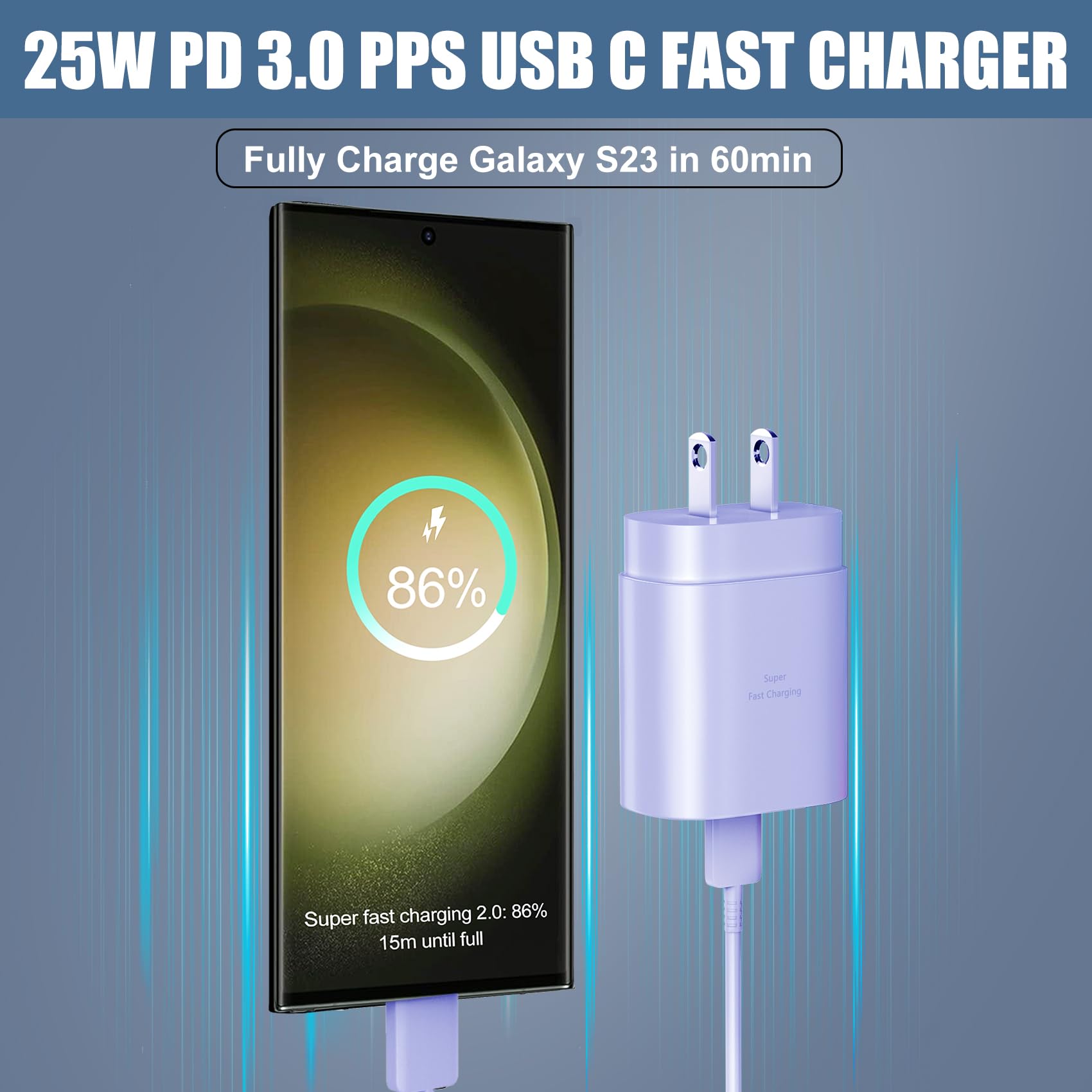 Fast Charging Cord Type C,25W Fast Charger Block Android Phone Charger & 8Ft Usb C To Usb C Charging Cable Cord For Samsung Gala
