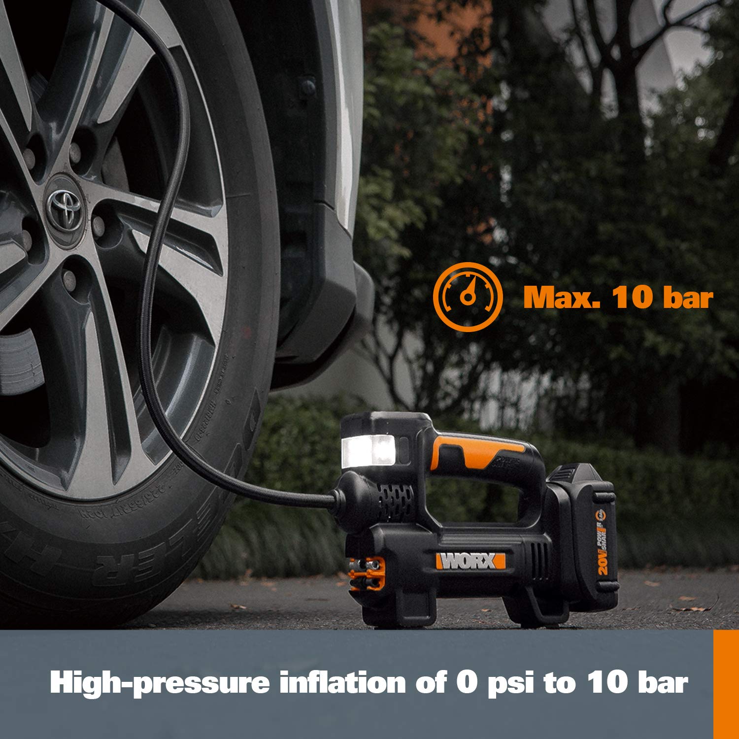 Worx Wx092L 20V 2.0Ah 2 In 1 Cordless Inflator Battery And Charger Included, Max. 10 Bar, Digital Pressure Display