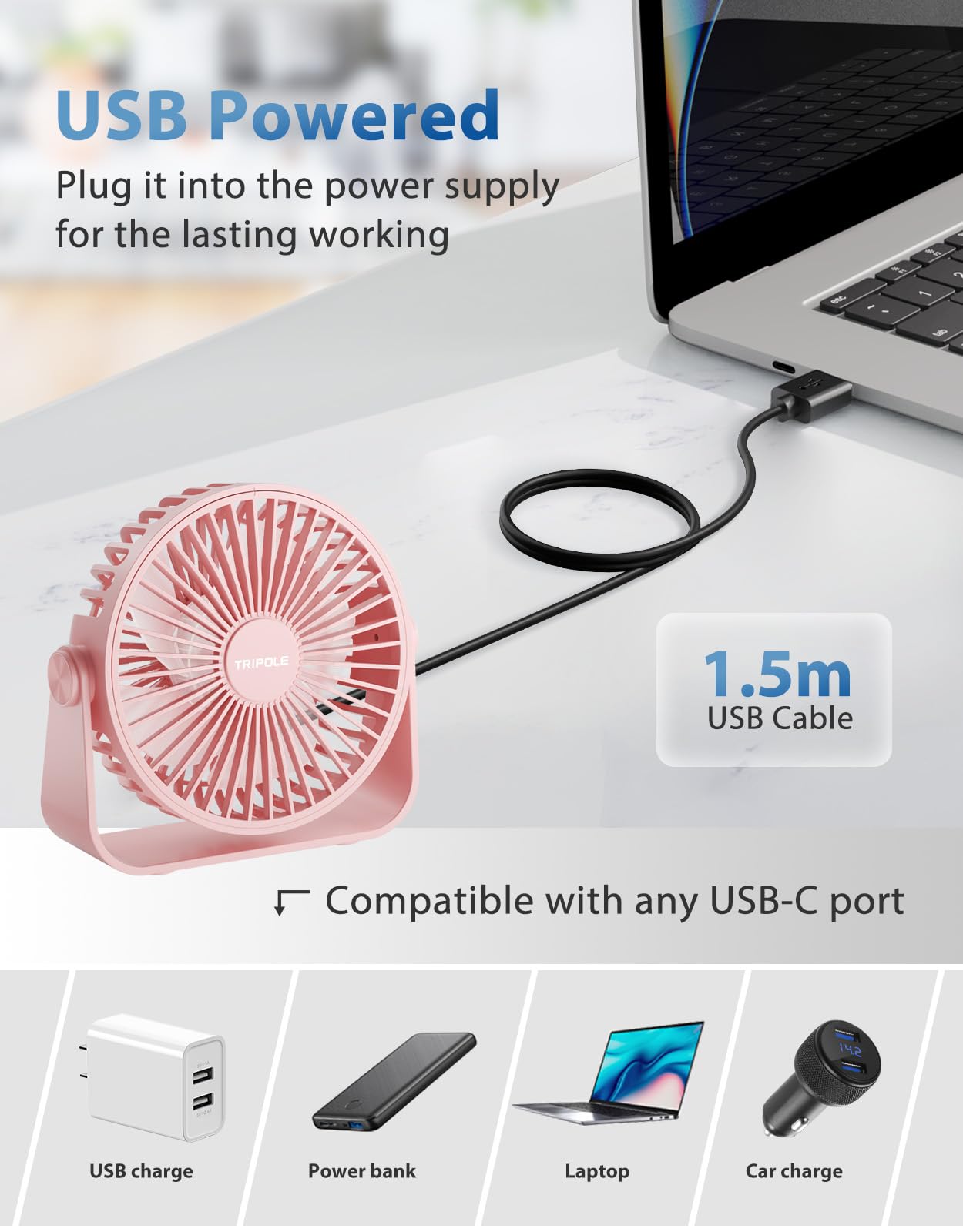 Tripole Usb Desk Fan 4.5 Inches Portable Mini Fan Powerful 3 Speeds Wind Personal Desktop Fan With 360 Head Rotation For Home Of