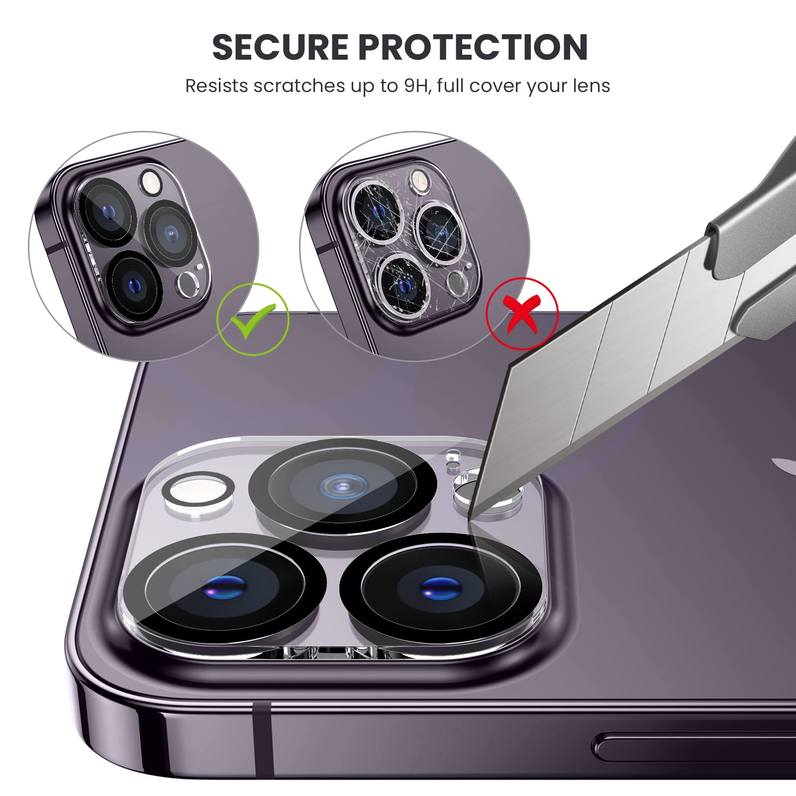 Tensea [3Pcs] For Iphone 14 Pro / 14 Pro Max Camera Screen Protector, Tempered Glass Film Camera Cover Lens Protector, Full Edge