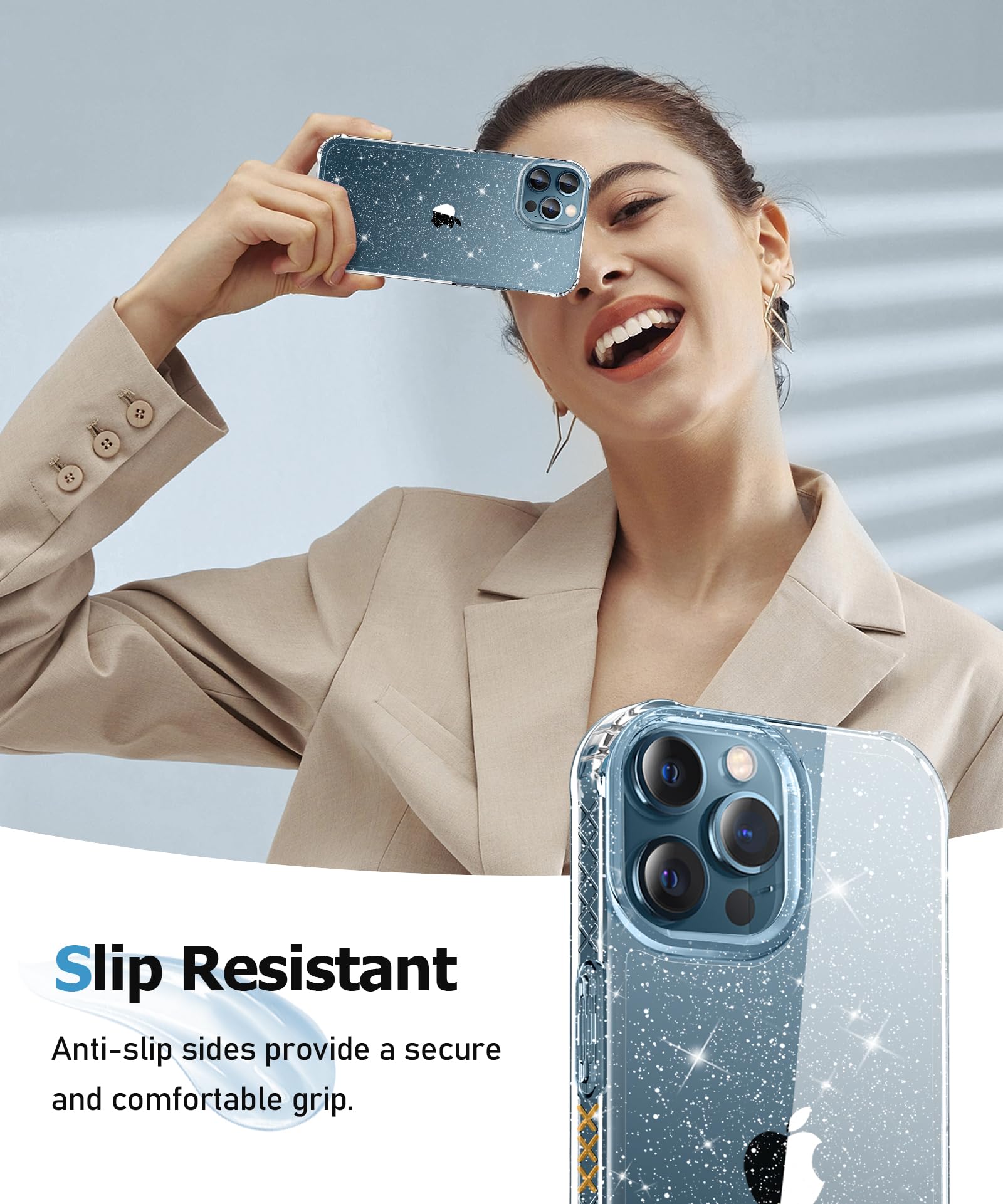 Mtvoox For Iphone 12 Pro Max Case With Screen Protector + Camera Lens Protector, [Non Yellowing] Clear Glitter Phone Case, Shock