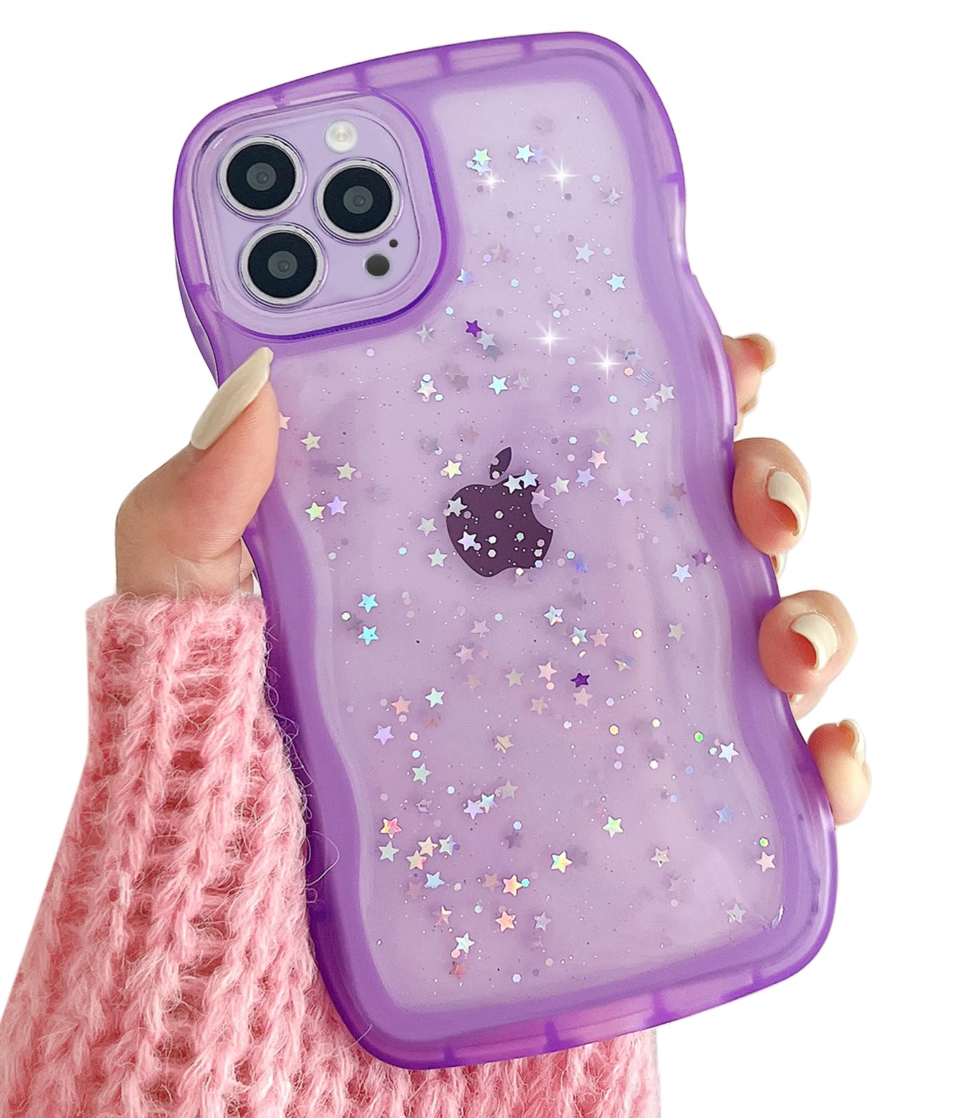 Qokey For Iphone 12 Pro Case 6.1'' Curly Wave Edge Design Transparent Bling Glitter Star Shiny Case Cute Clear Transparent Full