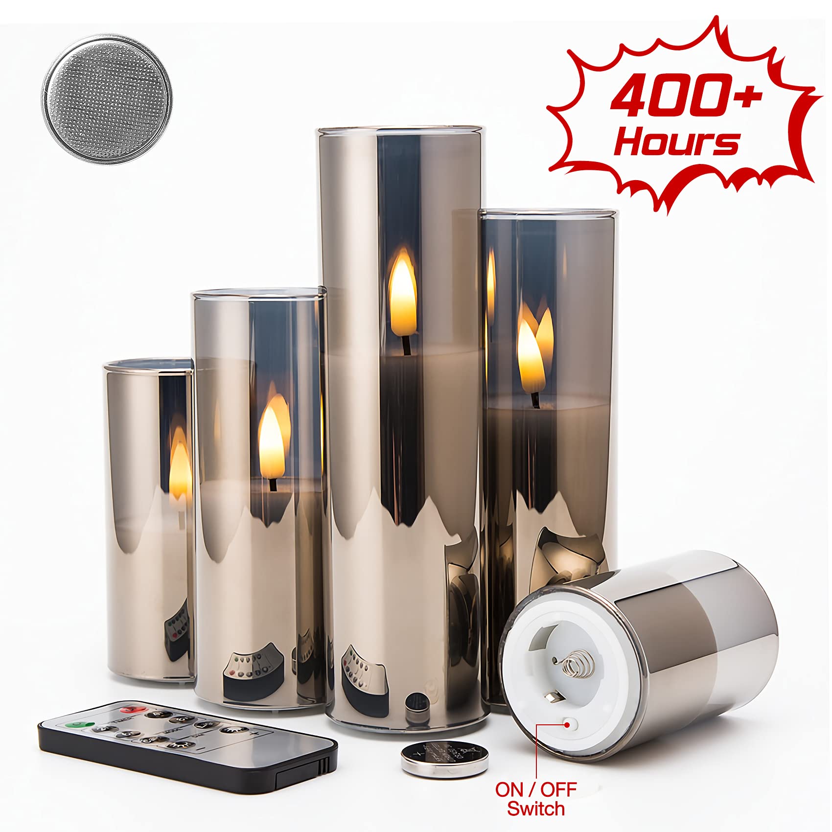 Eywamage 5 Pack Grey Glass Flameless Candles With Remote, Flickering Slim Tall Led Pillar Votive Candles Battery Included
