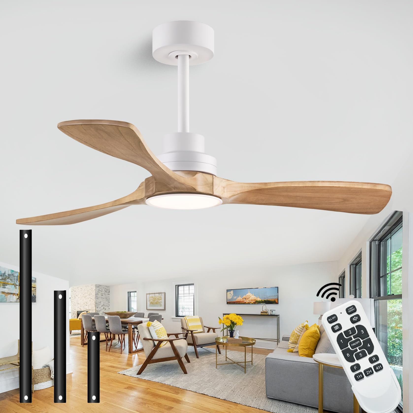 Dearnow 42'' Ceiling Fans With Lights With Remote Control, Indoor Outdoor Wooden Ceiling Fan With 3 Wooden Blades For Patio, Liv