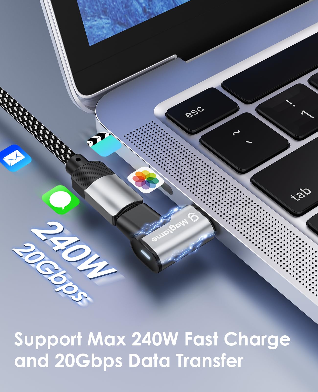 Magtame Magnetic 90 Degree Usb C Male To Usb C Female Adapter, 240W Right Angle 20Gbps Data Transfer 4K Video Output Compatible