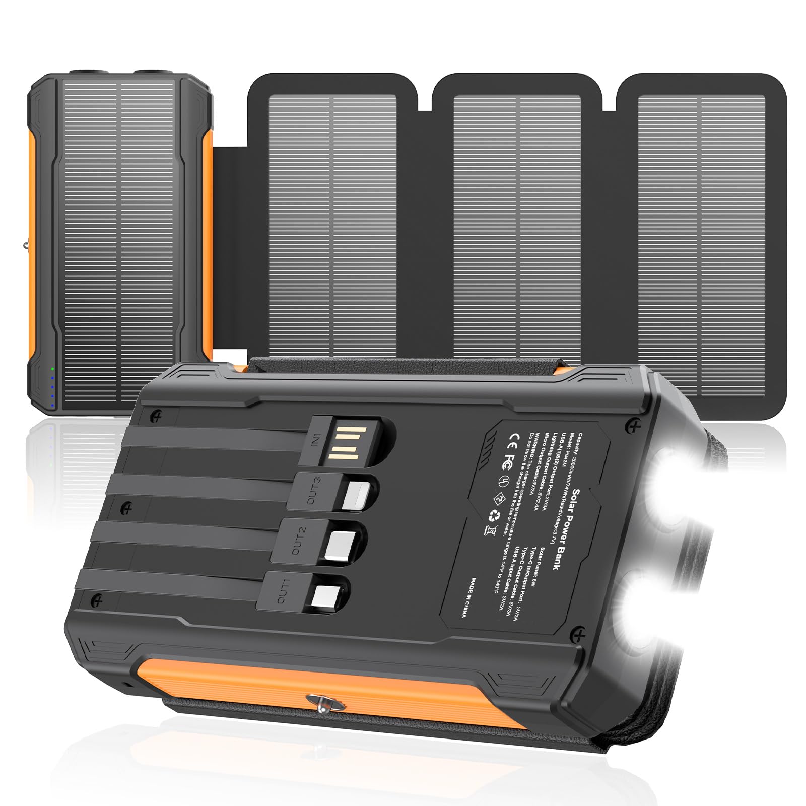 Solar Charger Power Bank 20000mAh Portable Charger Builtin 4 Cables(Micro/USBC/Ios Output Cable,USBA Input Cable) & 4 Solar P