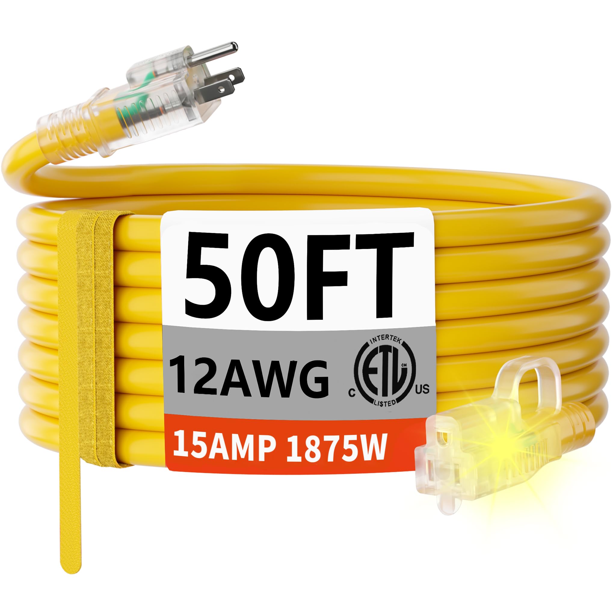 HUANCHAIN 50 FT 12/3 Gauge Heavy Duty Outdoor Extension Cord Waterproof with Lighted end, Flexible Cold-Resistant 3 Prong Electr