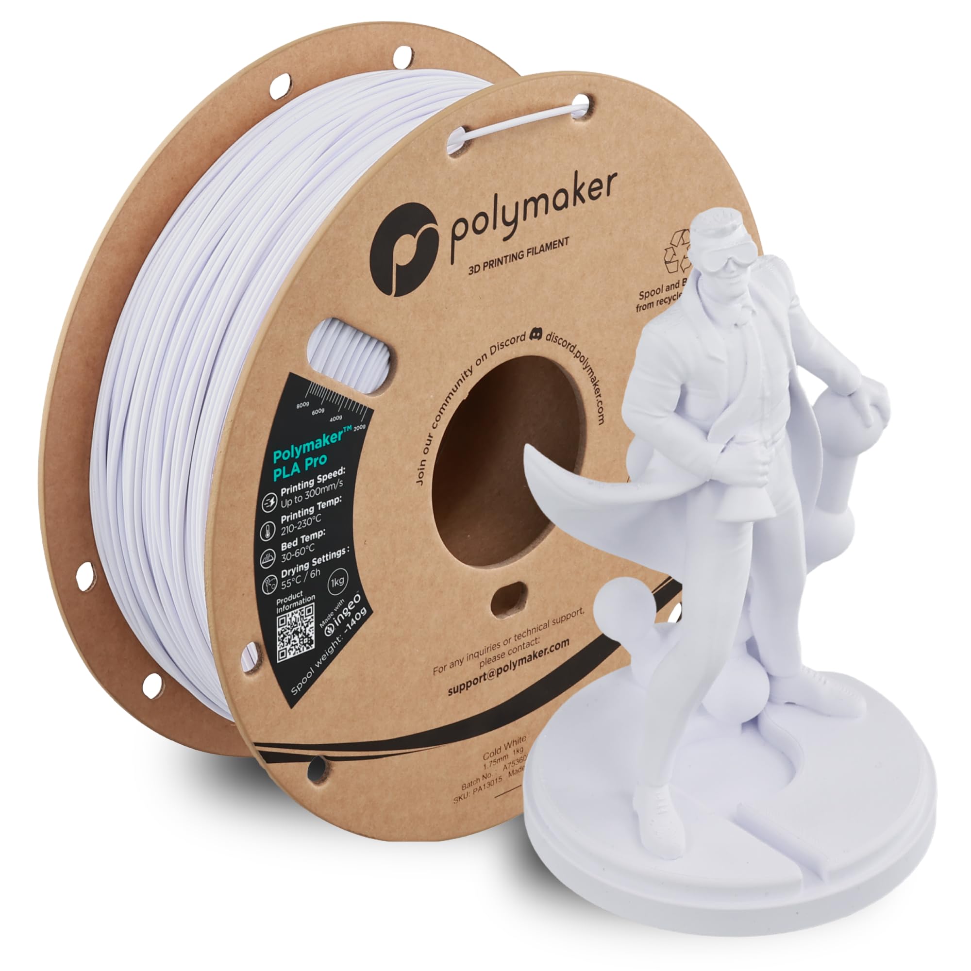 Polymaker PLA Pro 3D Printing Filament Cold White 1.75mm 1KG, High-Impact Tough PLA, Fast Printing up to 300mm/s, High Speed New