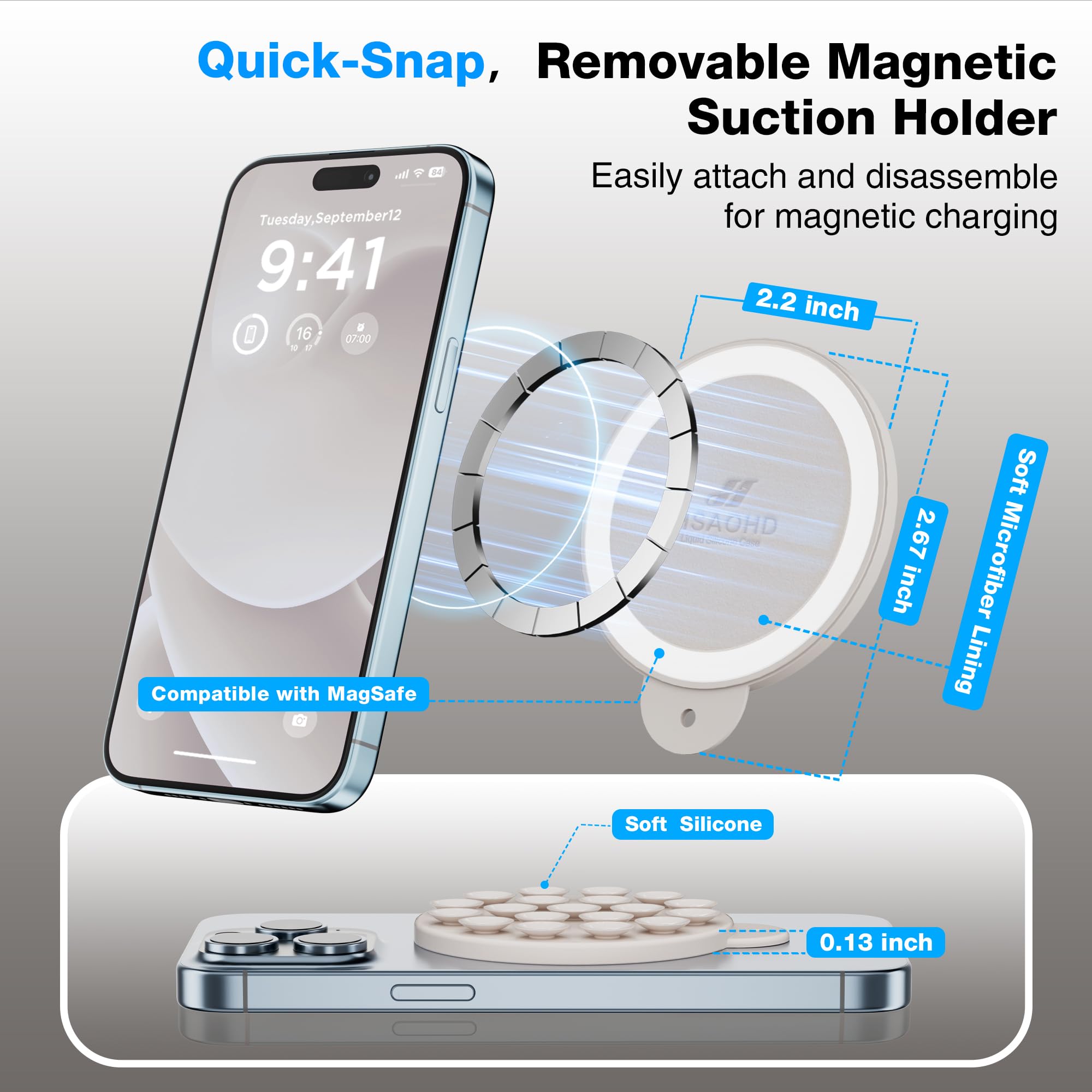 Hsaohd Magnetic Suction Cup Phone Mount For Magsafe Case, Silicone Hands-Free Grip Holder For Iphone And Android, Mirror Shower