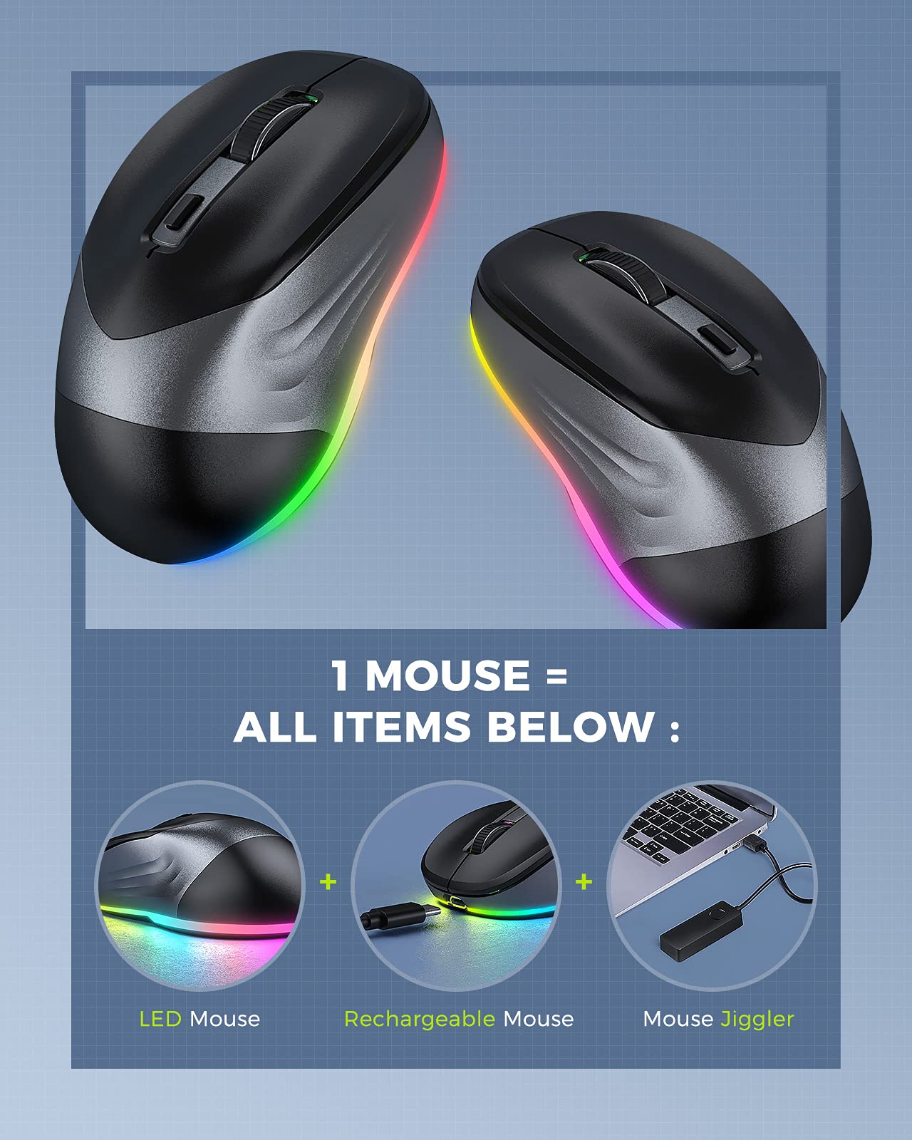 Peious Wireless Mouse, Jiggler Mouse For Laptop   Led Mouse Rechargeable Computer Mice Mouse Mover Undetectable Random Movement