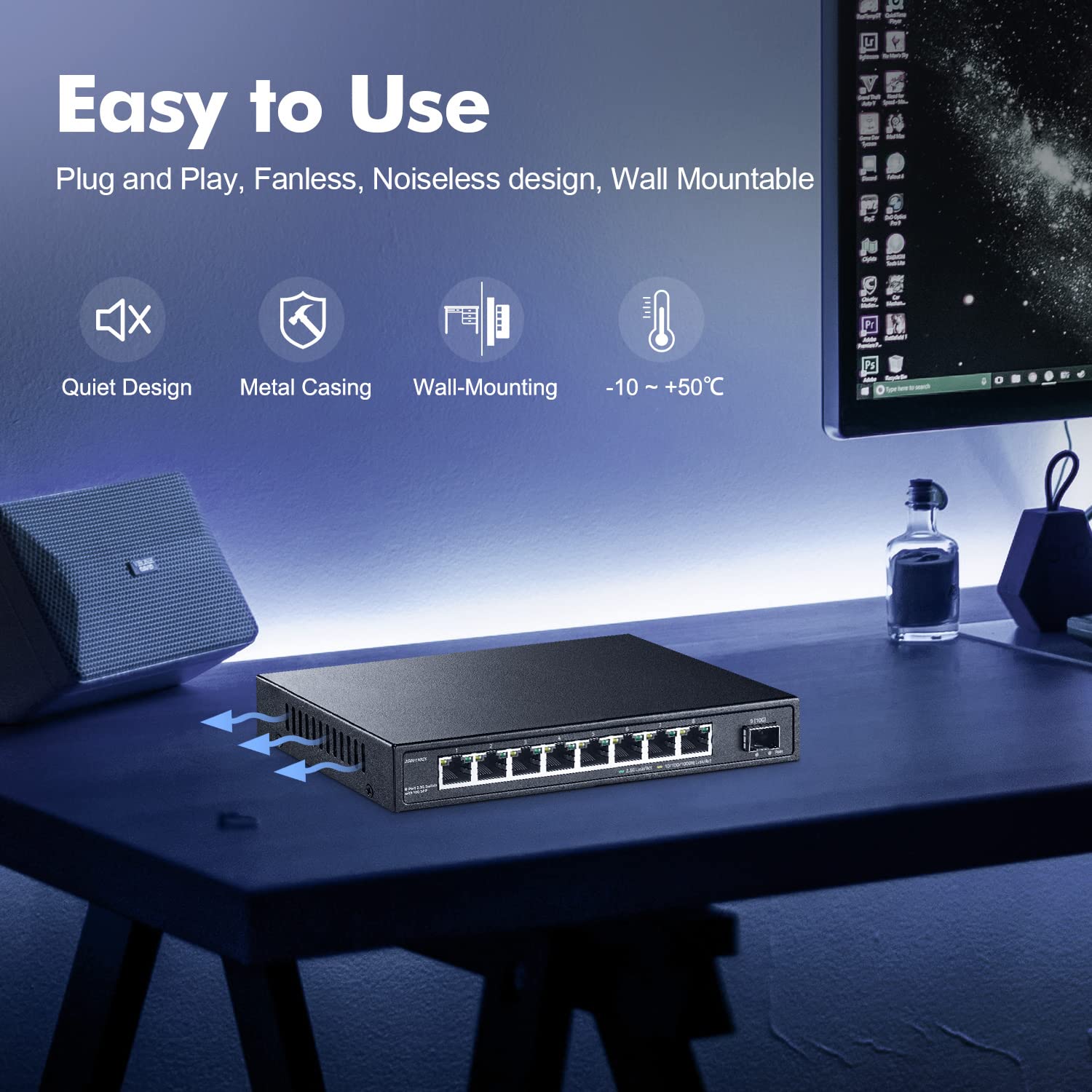 8 Port 2.5G Switch With 10G Sfp+, 8 X 2.5Gbase-T Ports, 2.5Gbps Network Hub Ethernet Splitter, Yulinca Multi-Gigabit Fanless Unm