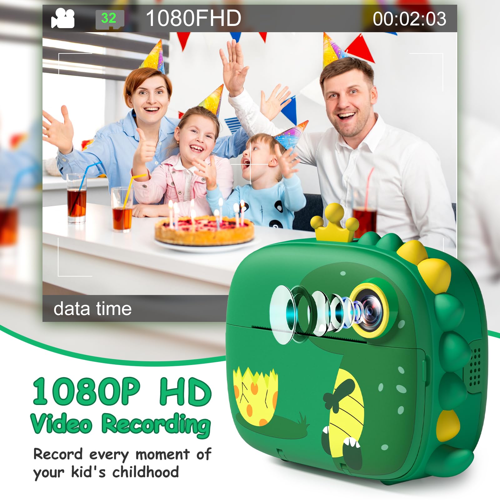 Kids Camera Instant Print,Dinosaurs Instant Print Camera For Kids,Birthday Gifts For Boys,2.4 Inch/1080P With 32Gb Card,Christam