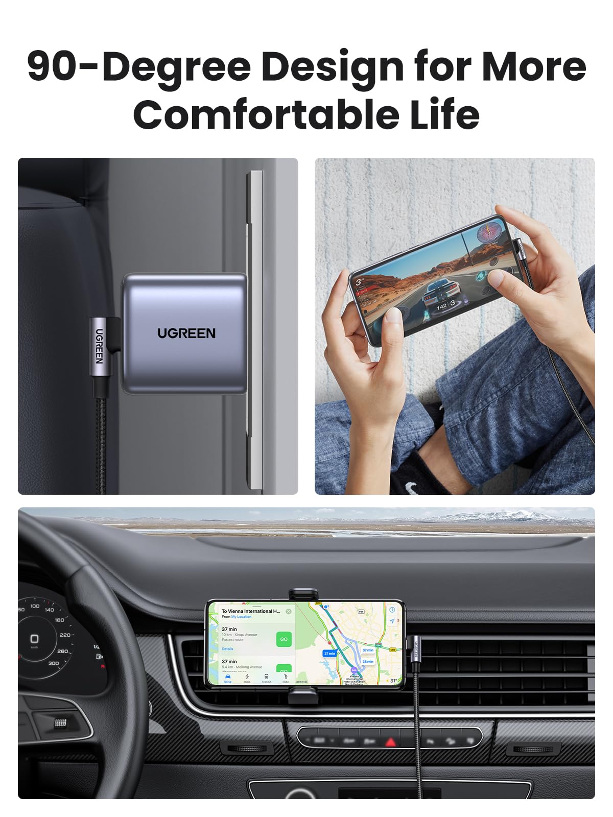 Ugreen Usb C To Usb C Cable Right Angle, 60W Usb C Cable 90 Degree For Iphone 15/15 Plus, Macbook Pro 2020, Ipad Pro 2022/ Air 4