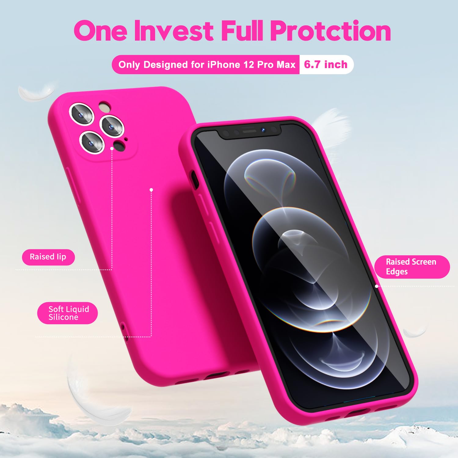 Oakxco For Iphone 12 Pro Max Case Liquid Silicone, Neon Bright Solid Color, Soft Rubber Gel Elegant Aesthetic Cover, Thin Slim T