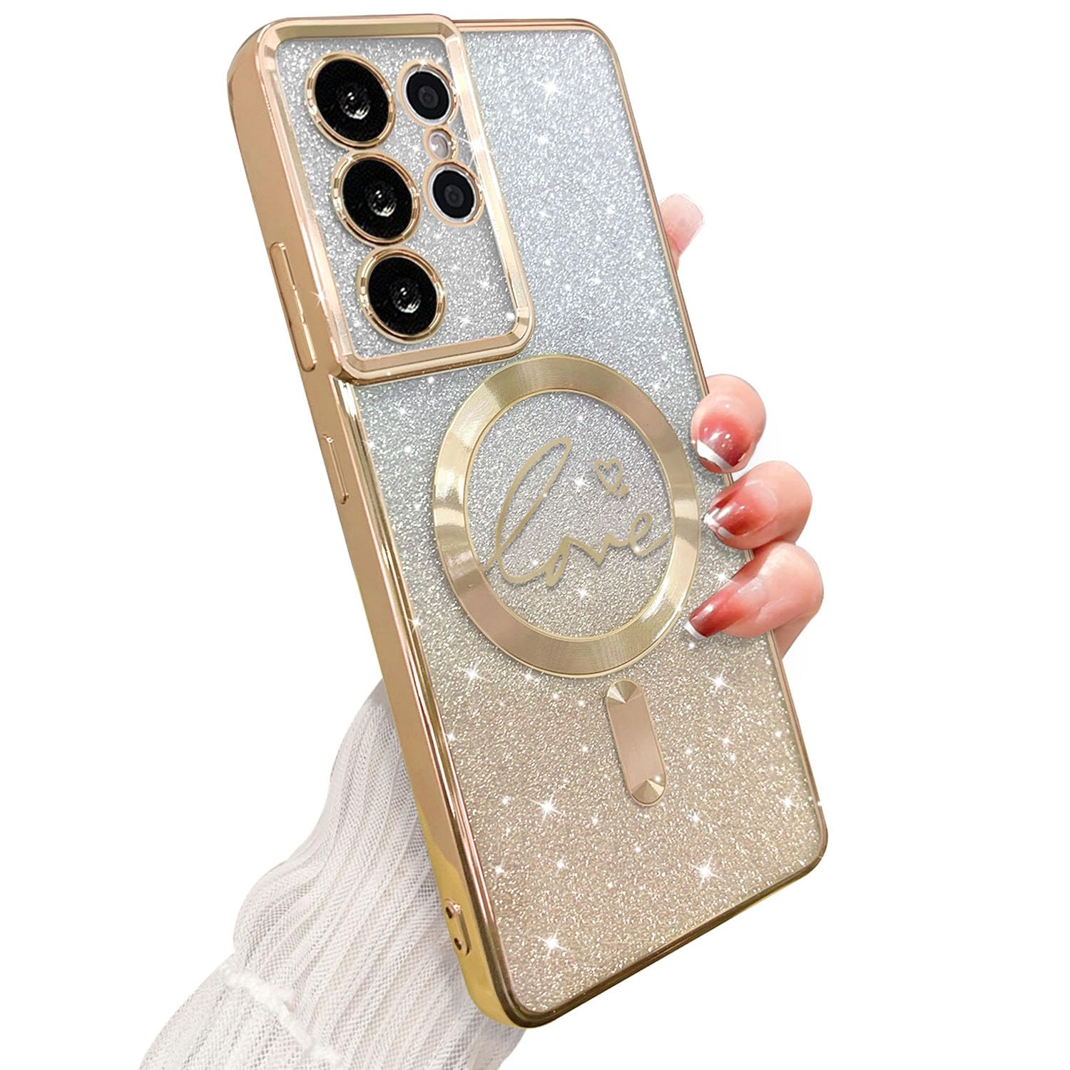 Zonrw For Samsung Galaxy S21 Ultra Case Magnetic,For Women Girl Soft Cute Luxury Love Heart Plating Bling Gradient Glitter Clear