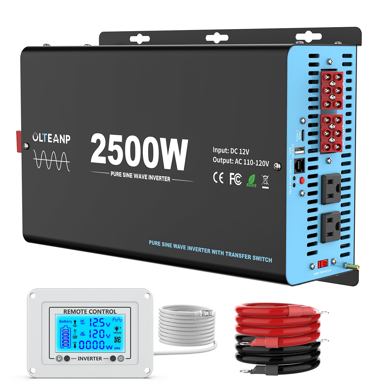 2500W Pure Sine Wave Power Inverter with Transfer Switch, 12V DC to 120V AC Converter, Auto Switch to Shore Power, 5000W Peak, R